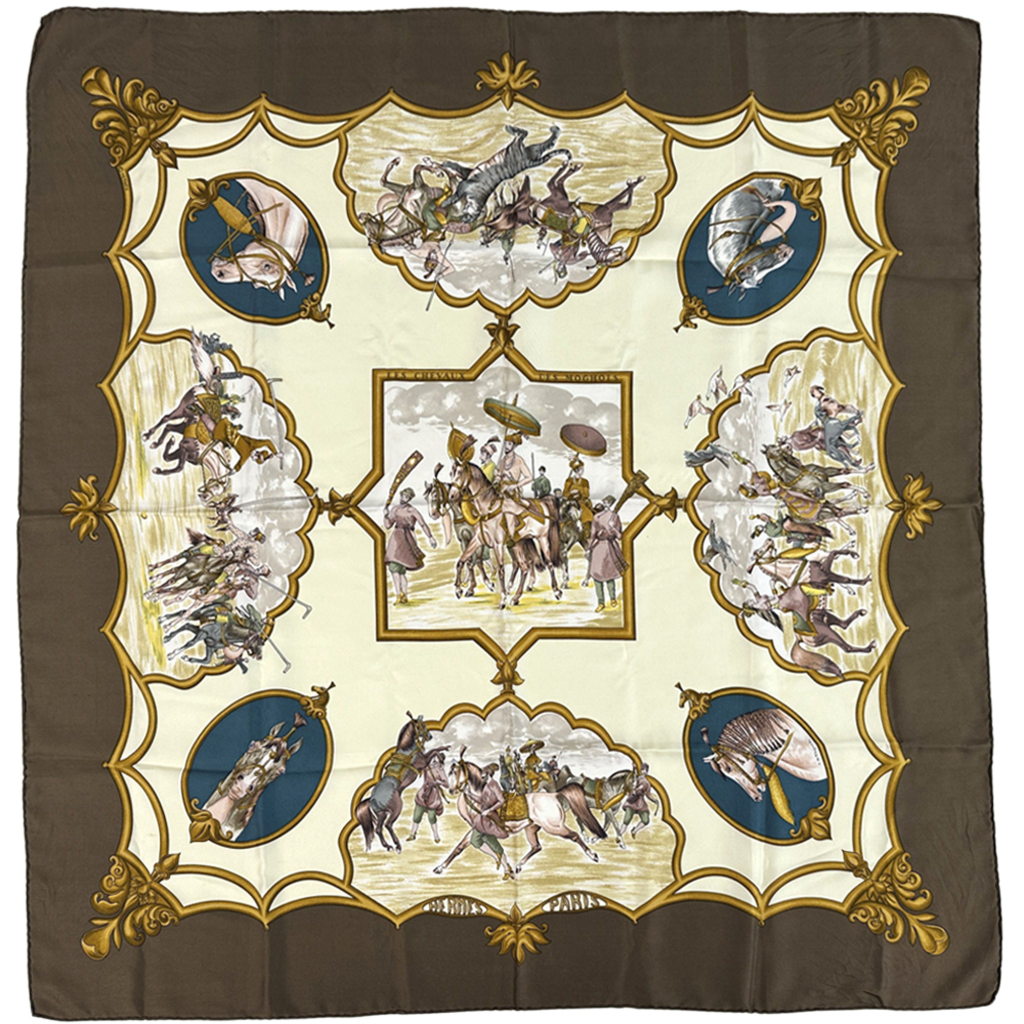 HermÃ¨s HERMES scarf/muffler, “Les Chevaux des Moghuls” (CarrÃ© 90), women’s, Mughal horse design, silk, brown, multicolored.