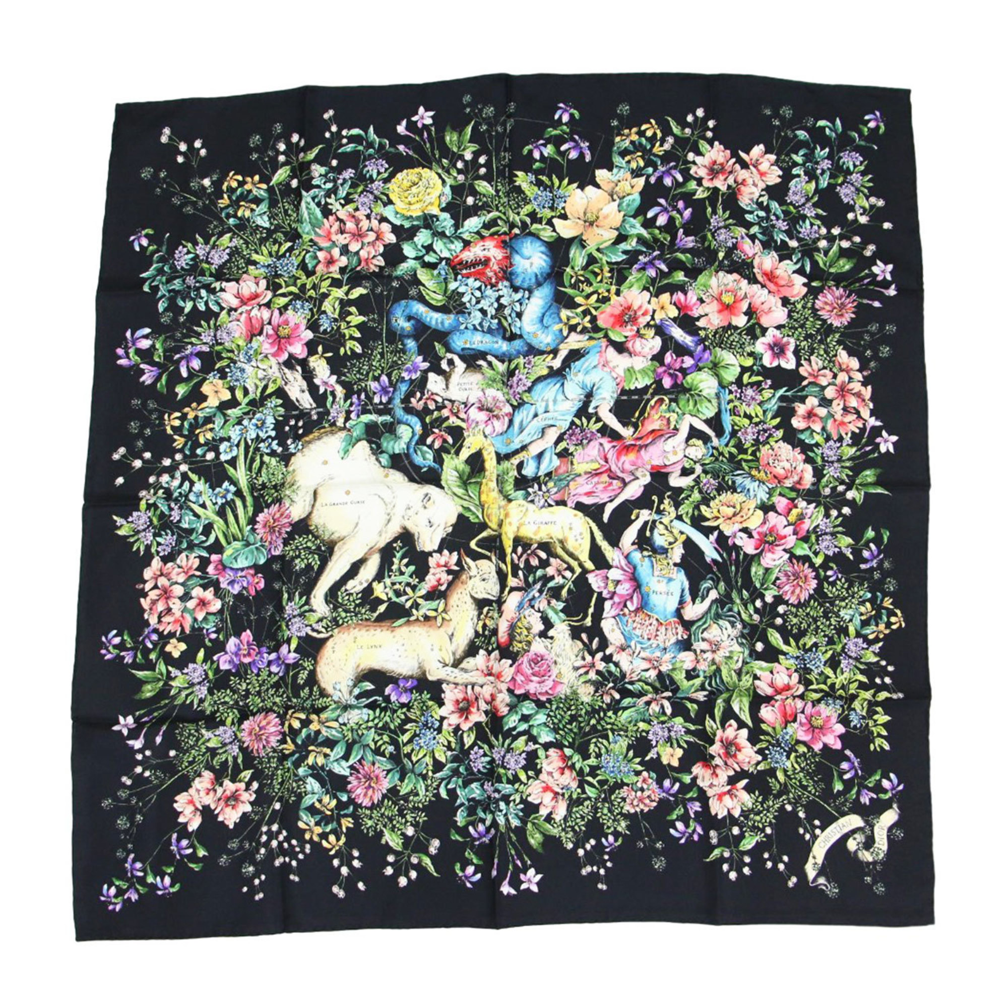 Christian Dior 22 D-Constellation Print Silk Scarf/Muffler in Black with Constellation and Floral