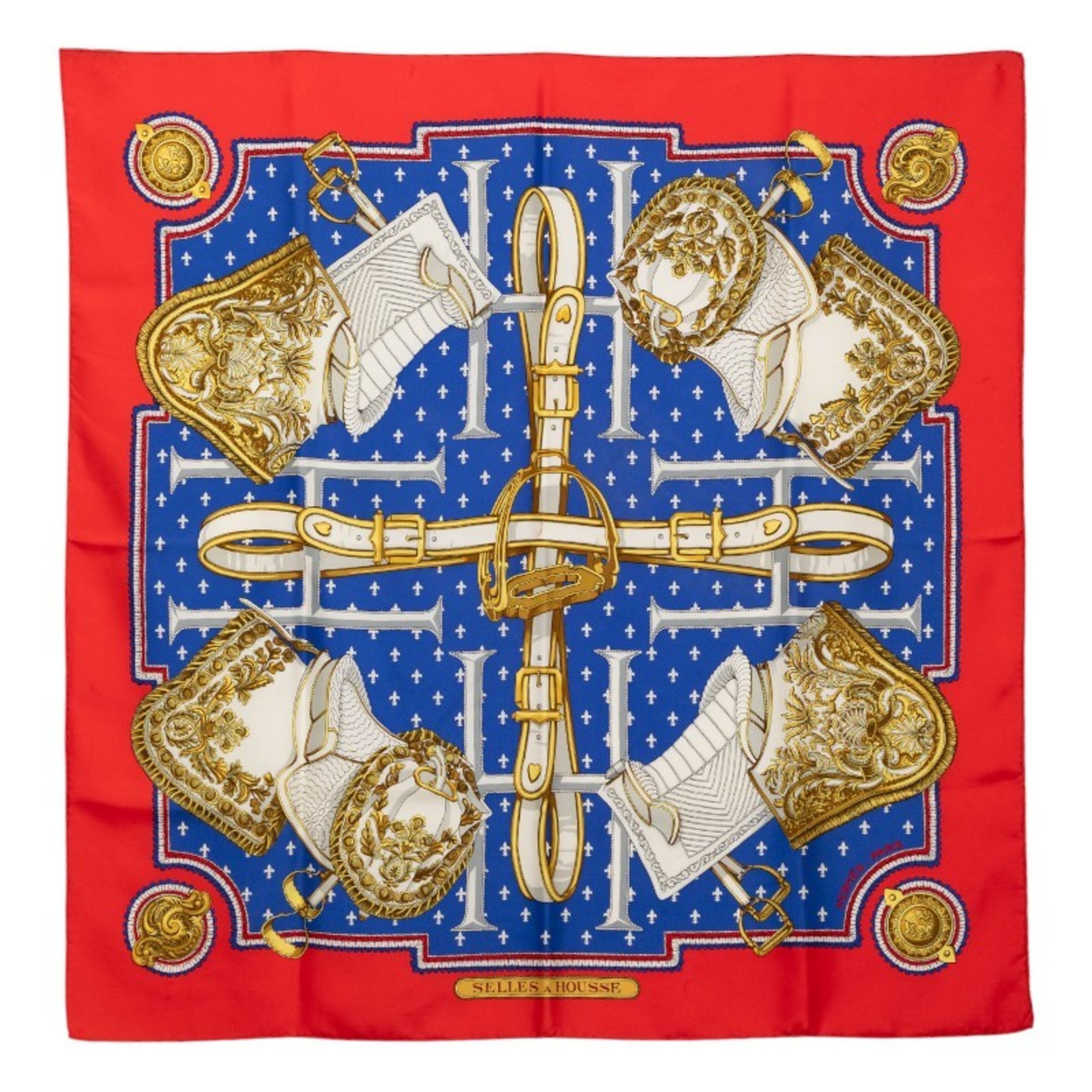 Hermes HermÃ¨s CarrÃ© 90 SELLES A HOUSSE Scarf/Muffler, Red Multicolor Silk, Women’s