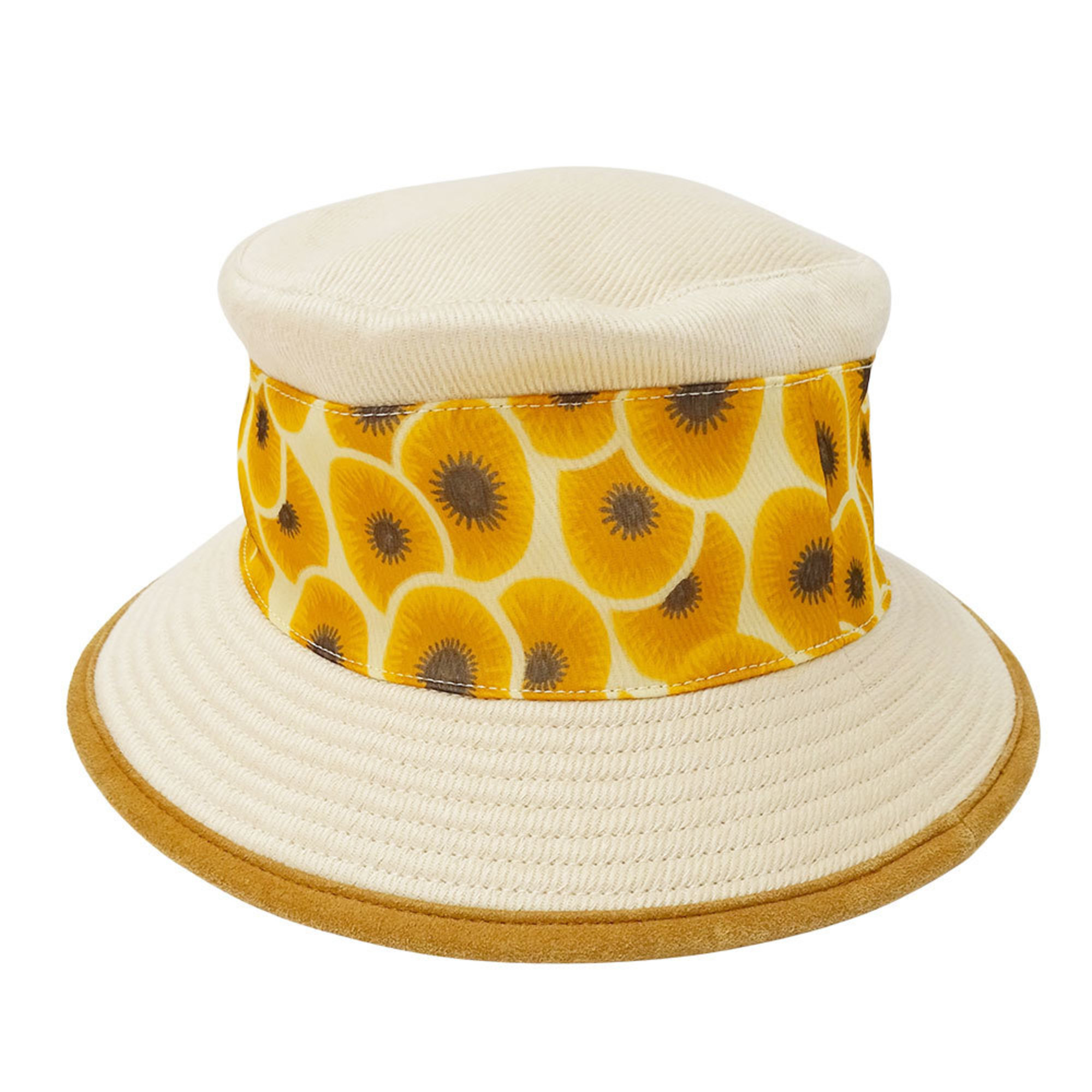 Hermes HERMES Hat for Women Linen Silk Ivory Orange Size 55 Bucket Sunflower