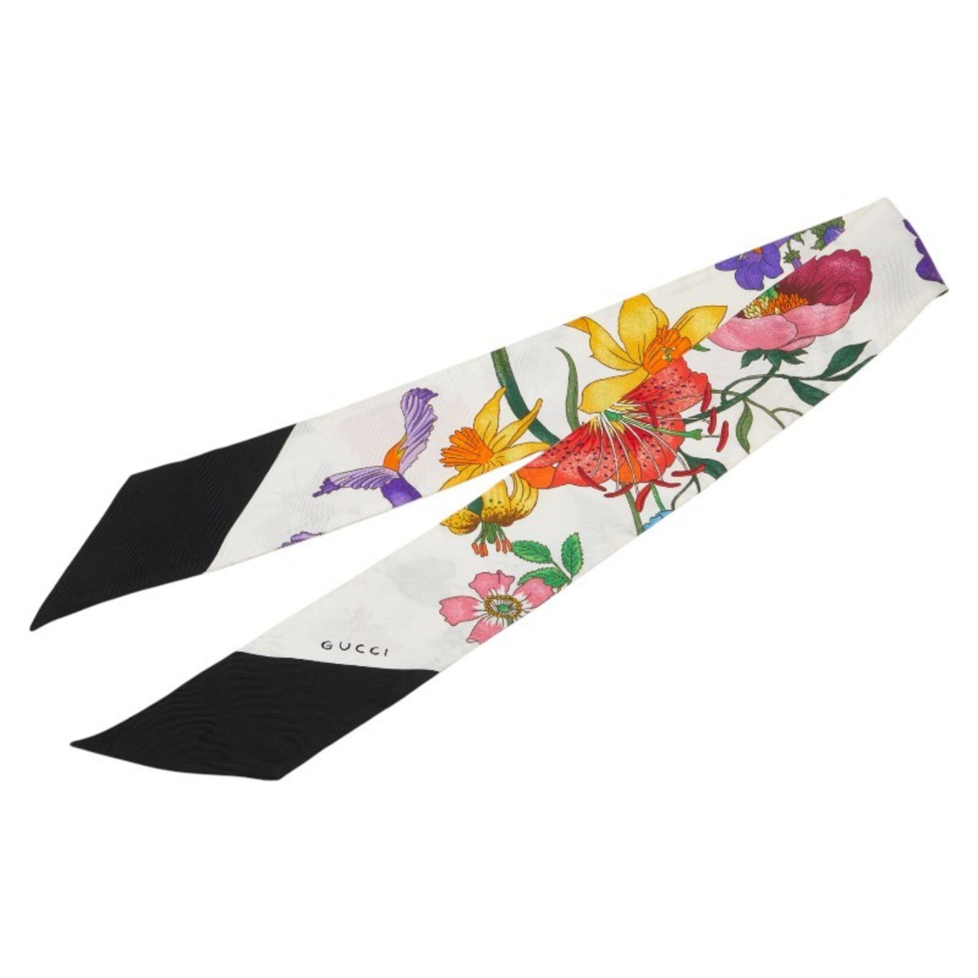 Gucci Flora Botanical Flower Neck Bow Scarf, Ivory and Multicolor Silk, Women’s, GUCCI