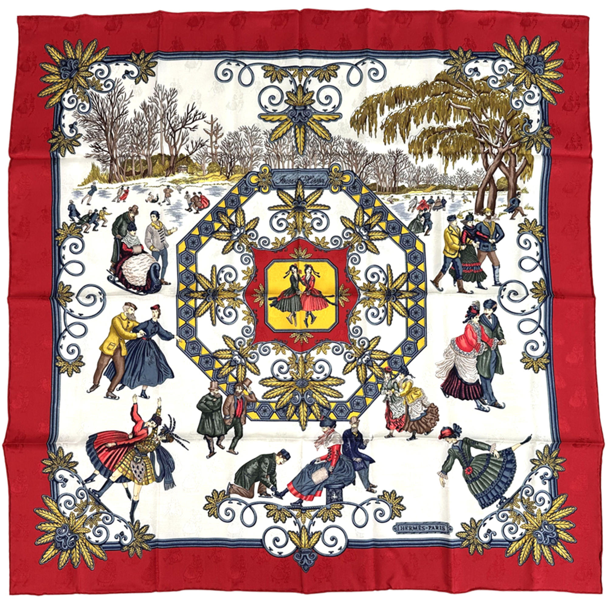 Hermes HermÃ¨s Joies d’Hiver CarrÃ© 90 Scarf, a winter delight for women. Silk, red and multicolored, large, suitable skating.