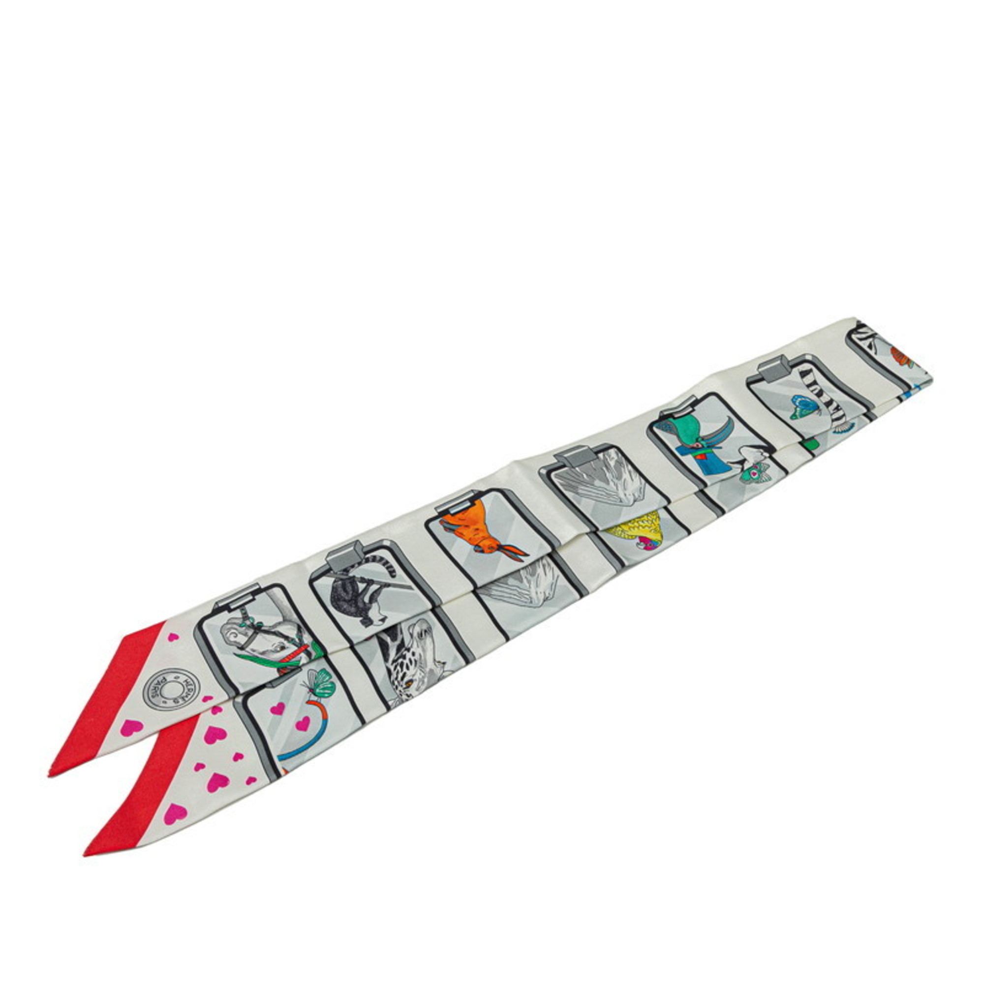 Hermes Twilly HERMES STORY Scarf, White, Red, Multicolor, Silk, Women’s,