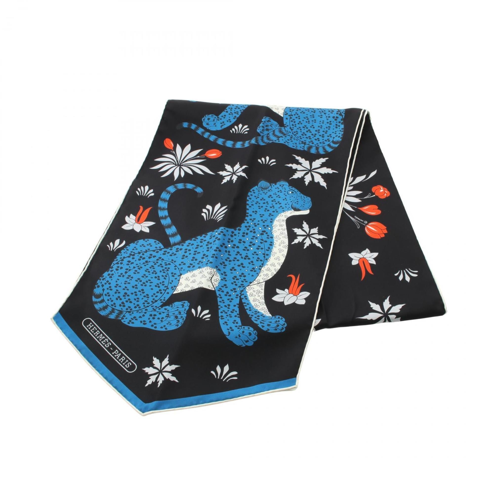 Hermes HermÃ¨s Maxi Twilly LES LEOPARDS Silk Scarf for Women in Black, Blue, and Multicolor