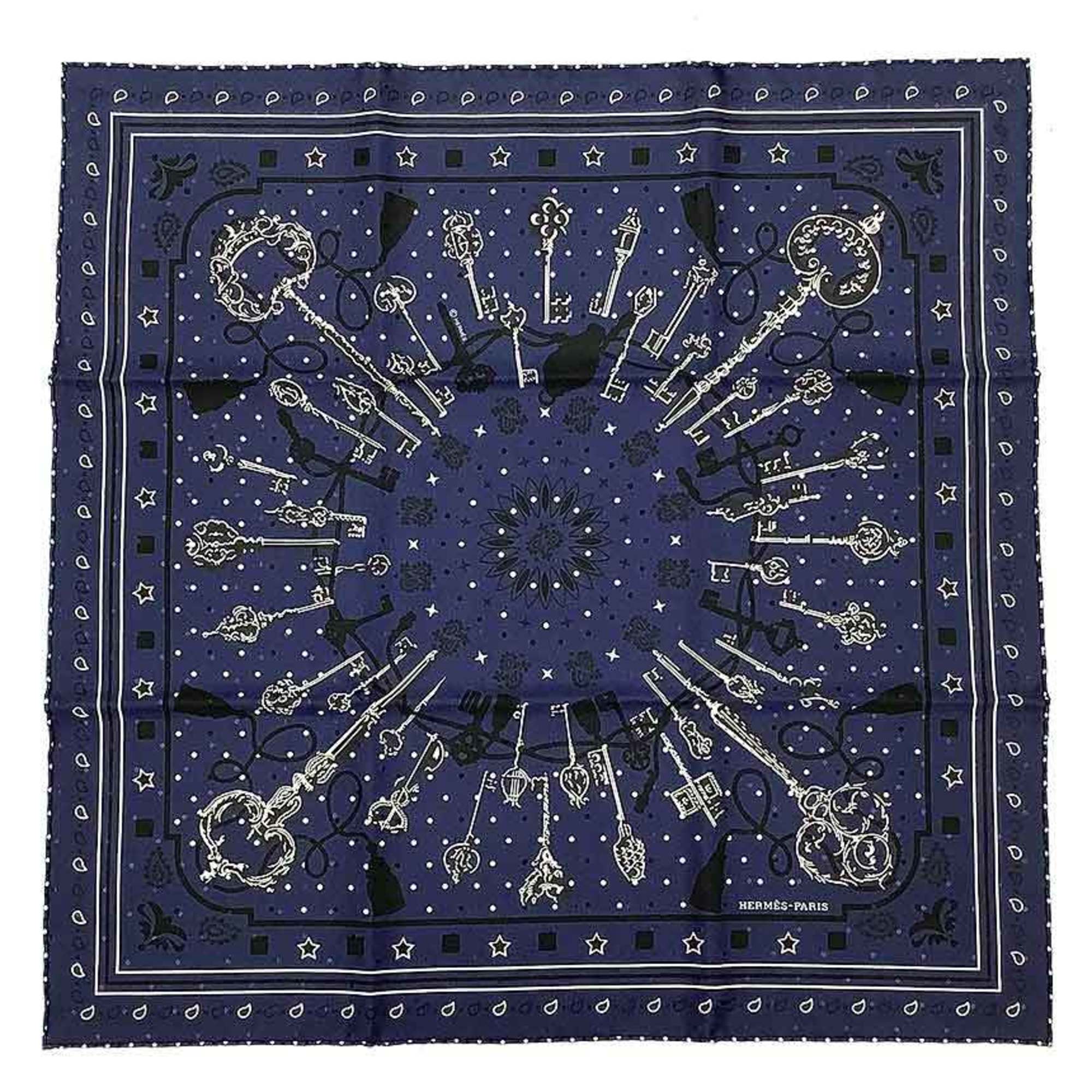 HERMES Bandana CarrÃ© 55 Les Cles 043984S 07 100% Silk Navy