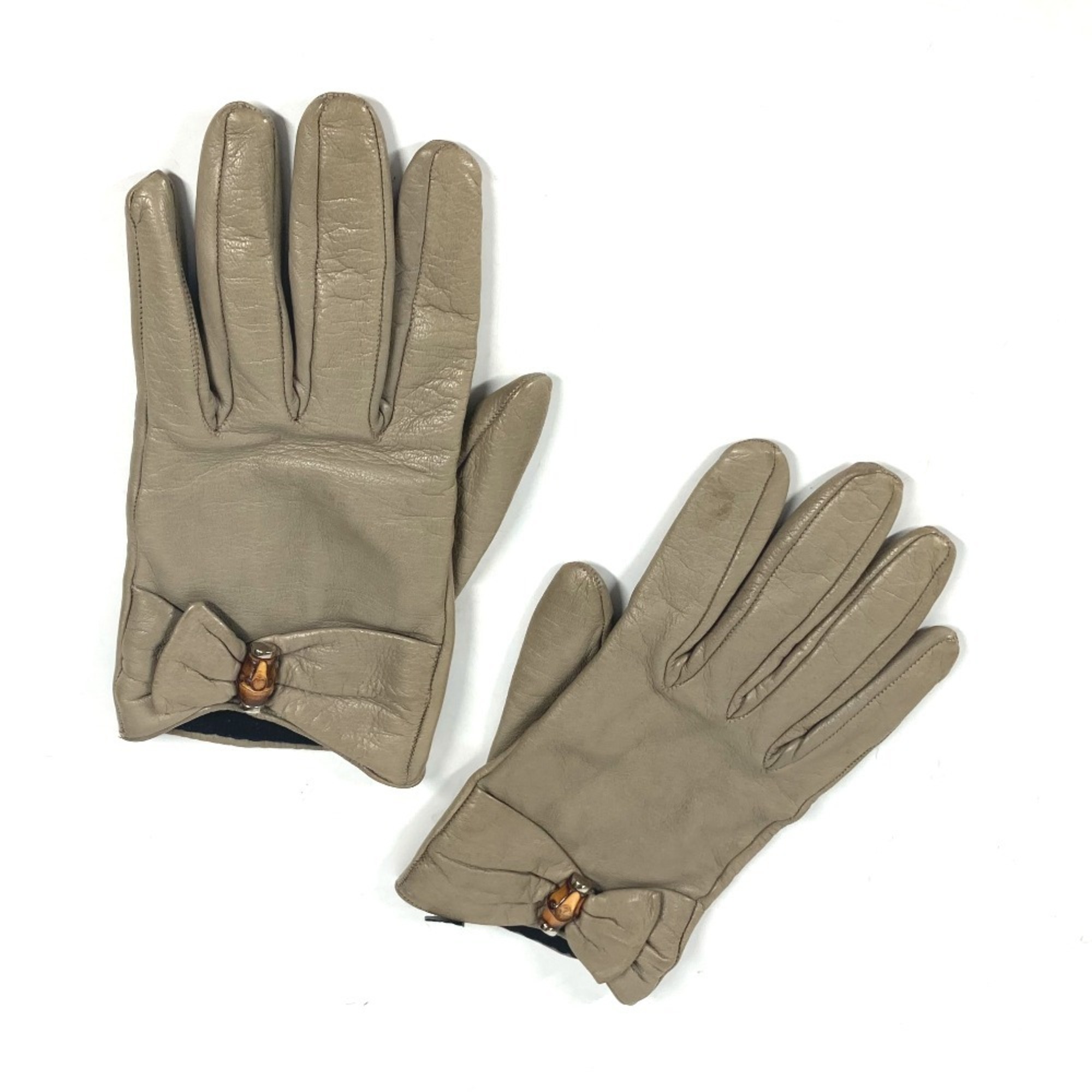 GUCCI Gucci Ribbon Wood Bamboo Gloves Leather Women’s Beige