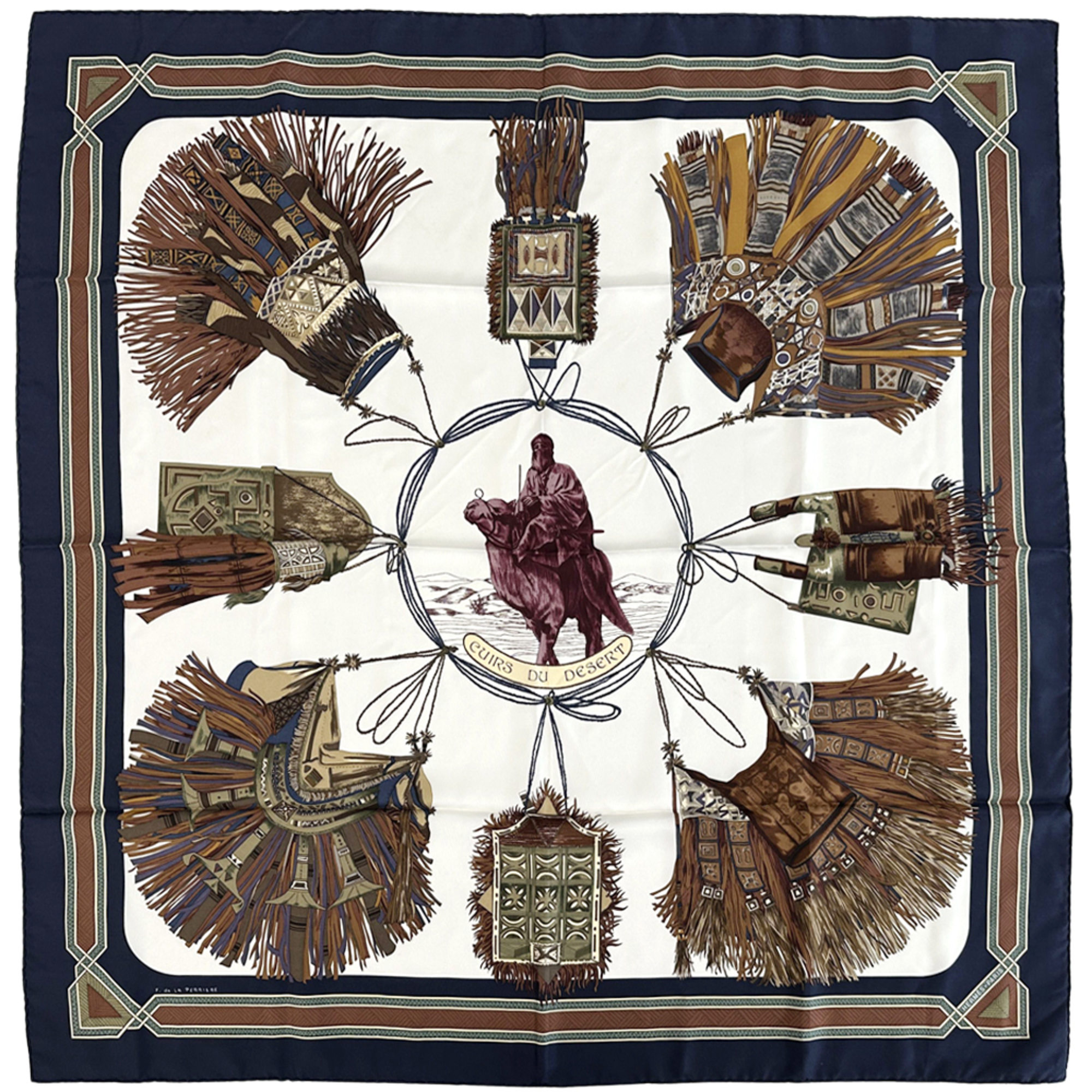 Hermes HermÃ¨s CUIRUS DU DESERT CarrÃ© 90 Scarf, Desert Leather, Women’s, Silk, Navy, Multicolor, Navy Camel Print