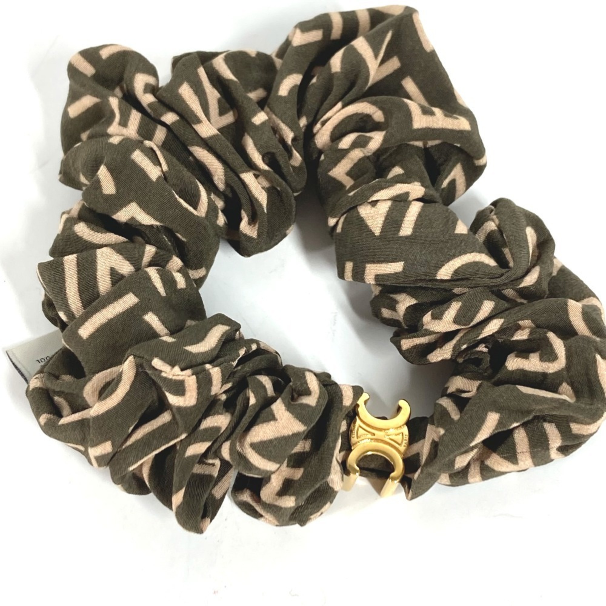 CELINE Triomphe Logo Hair Accessory, Silk Scrunchie Tie, Women’s, Khaki