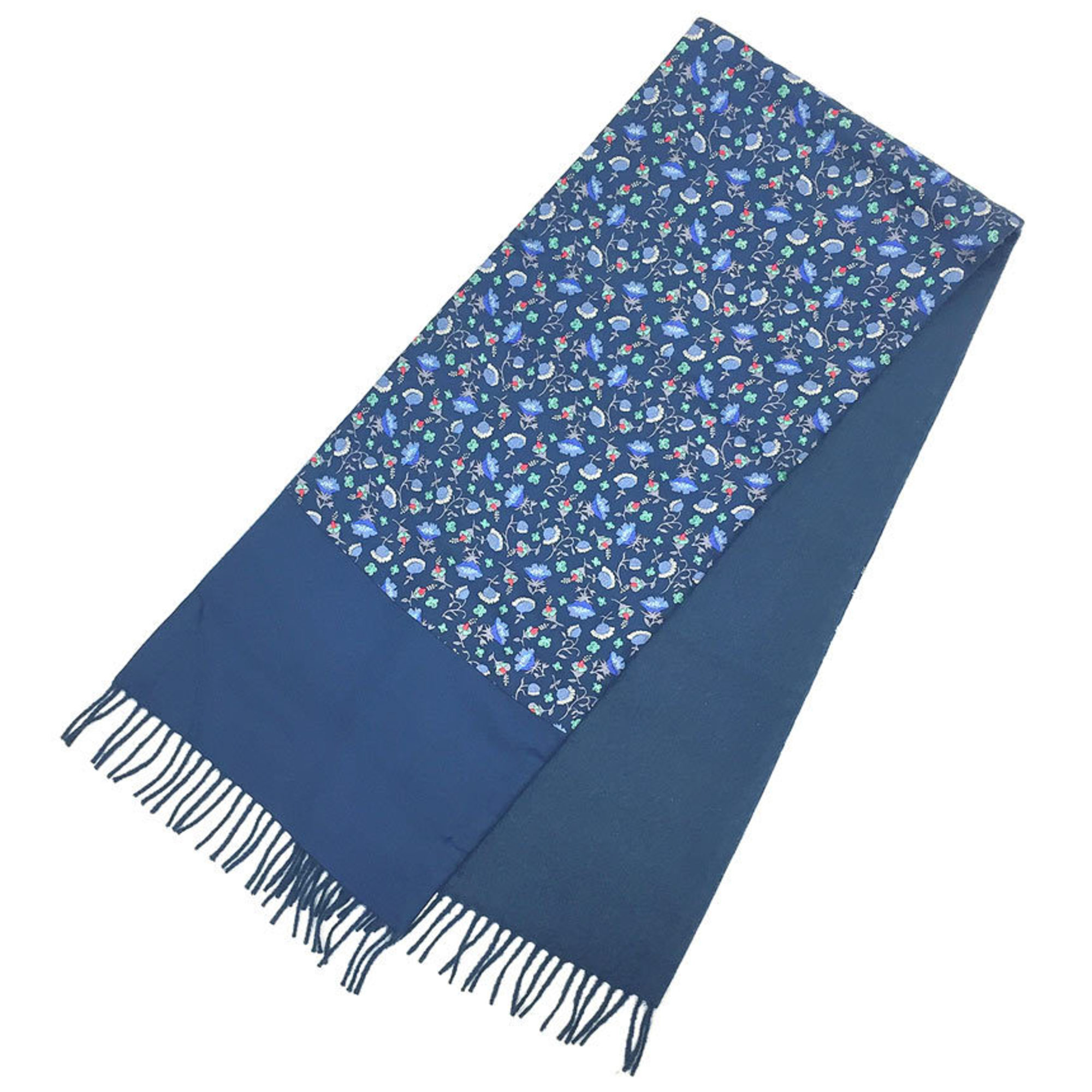 HERMES Hermes Scarf Stole Reversible Silk Cashmere Wool Navy Flower