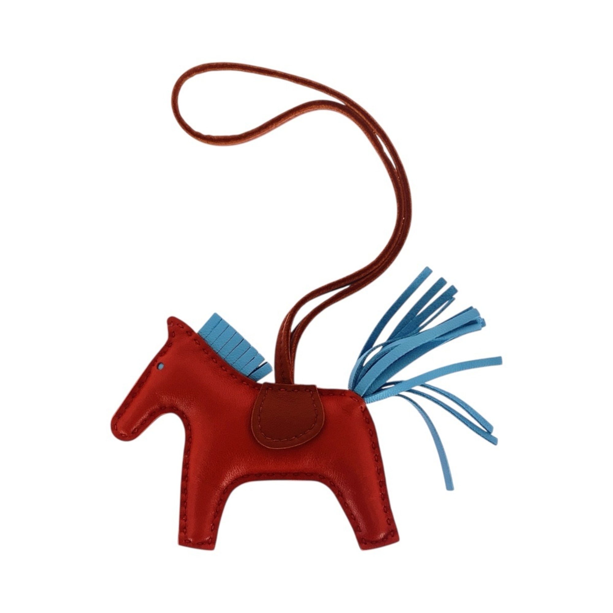 HERMES Rodeo Pegasus PM Bag Charm in Red, Brown, and Light Blue. Anjou Milo Swift Keychain with A Stamp. Women’s.