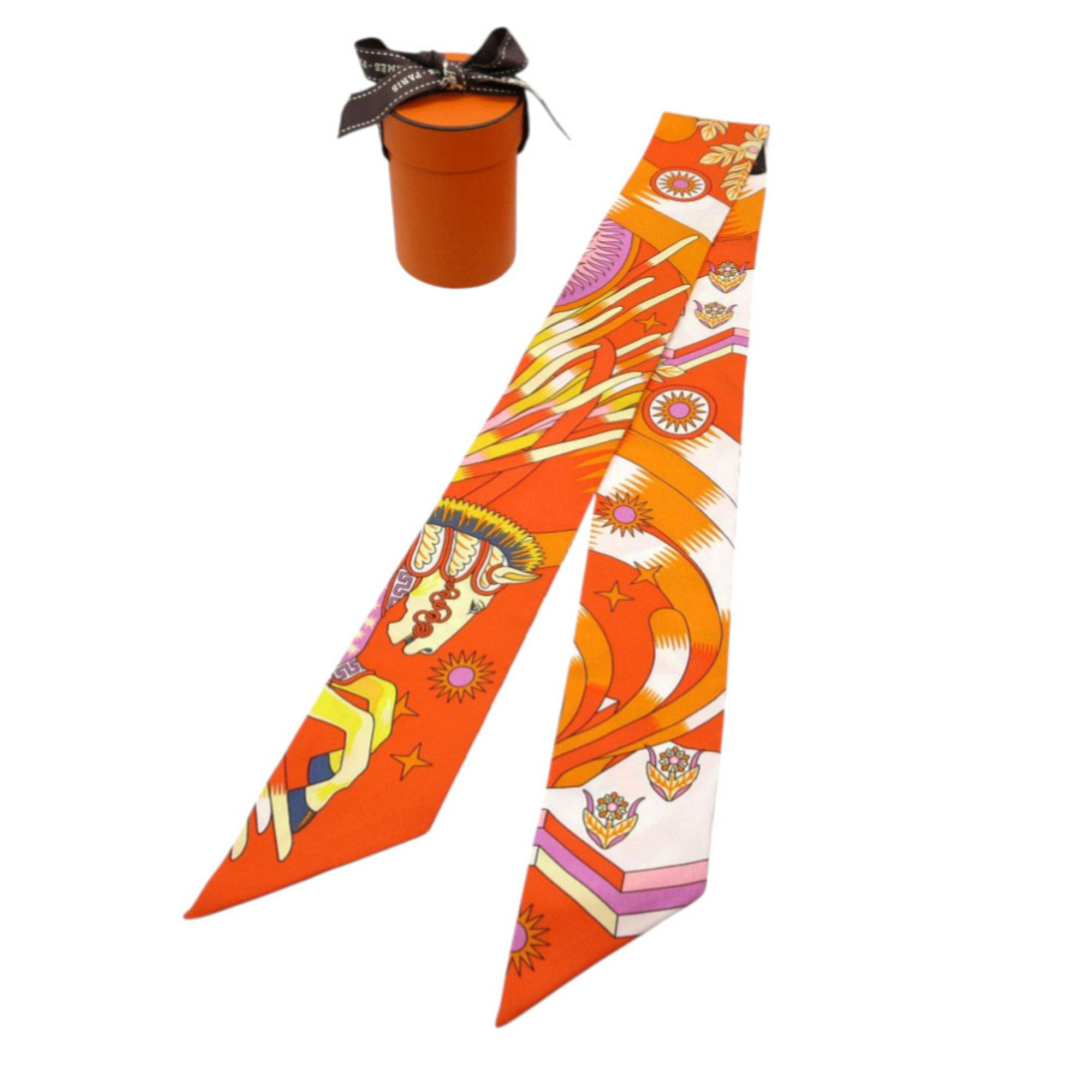 Hermes Like new HermÃ¨s Twilly “The Source of Pegasus” silk scarf/muffler in orange/mauve/white (0167)