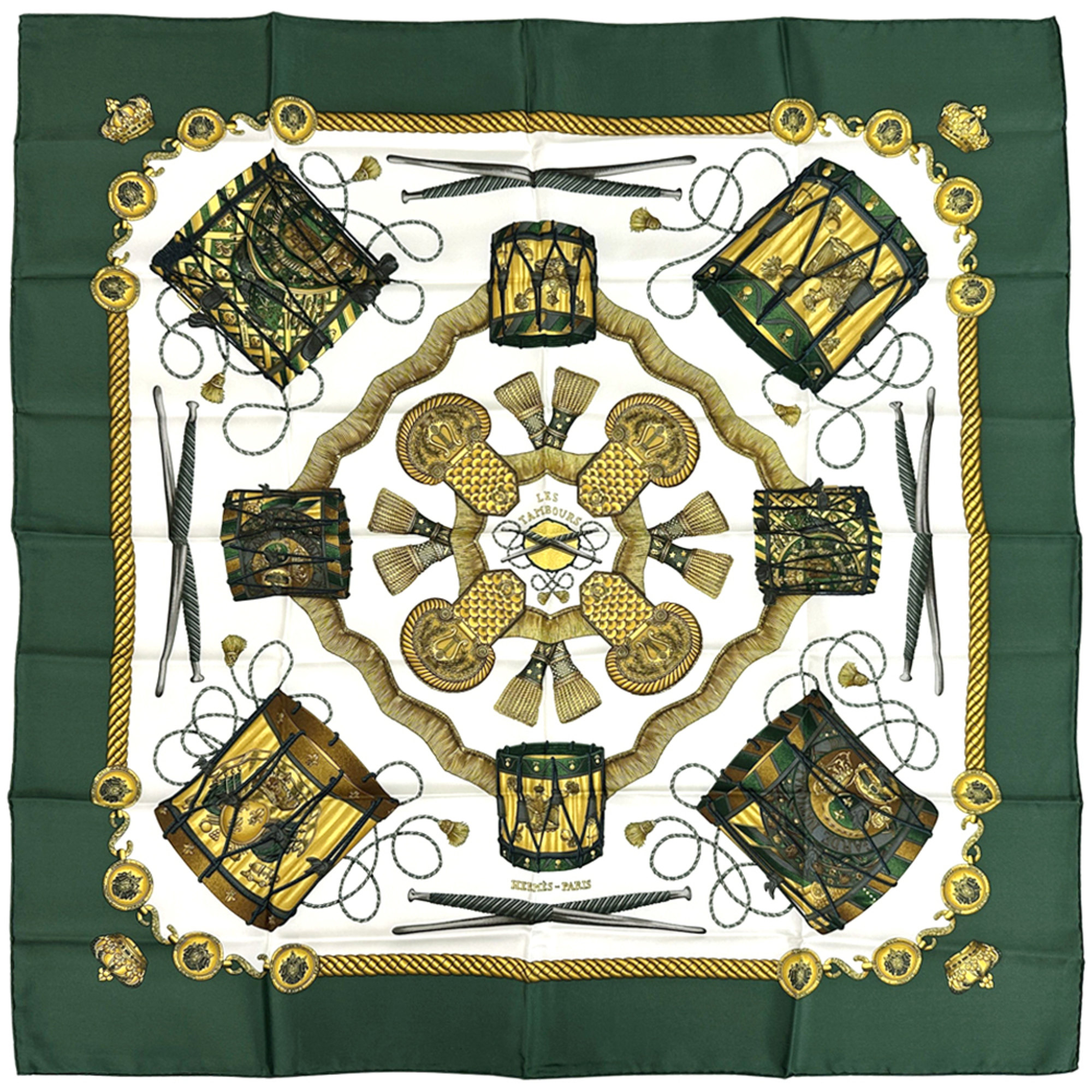 HermÃ¨s HERMES CarrÃ© 90 LES TAMBOURS scarf, women’s silk green multicolor, large size.
