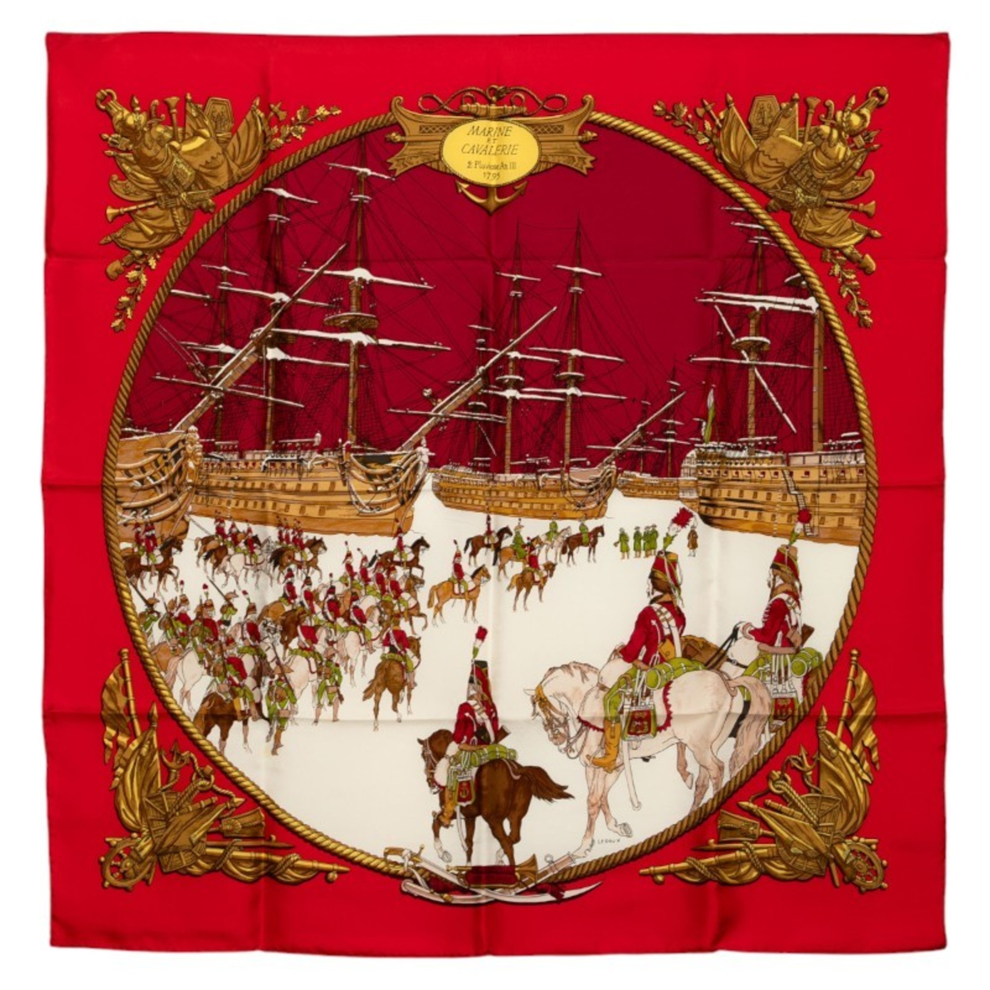 Hermes HermÃ¨s CarrÃ© 90 MARINE ET CAVALERIE Sea and Cavalry Scarf, Red Multicolor Silk, Women’s