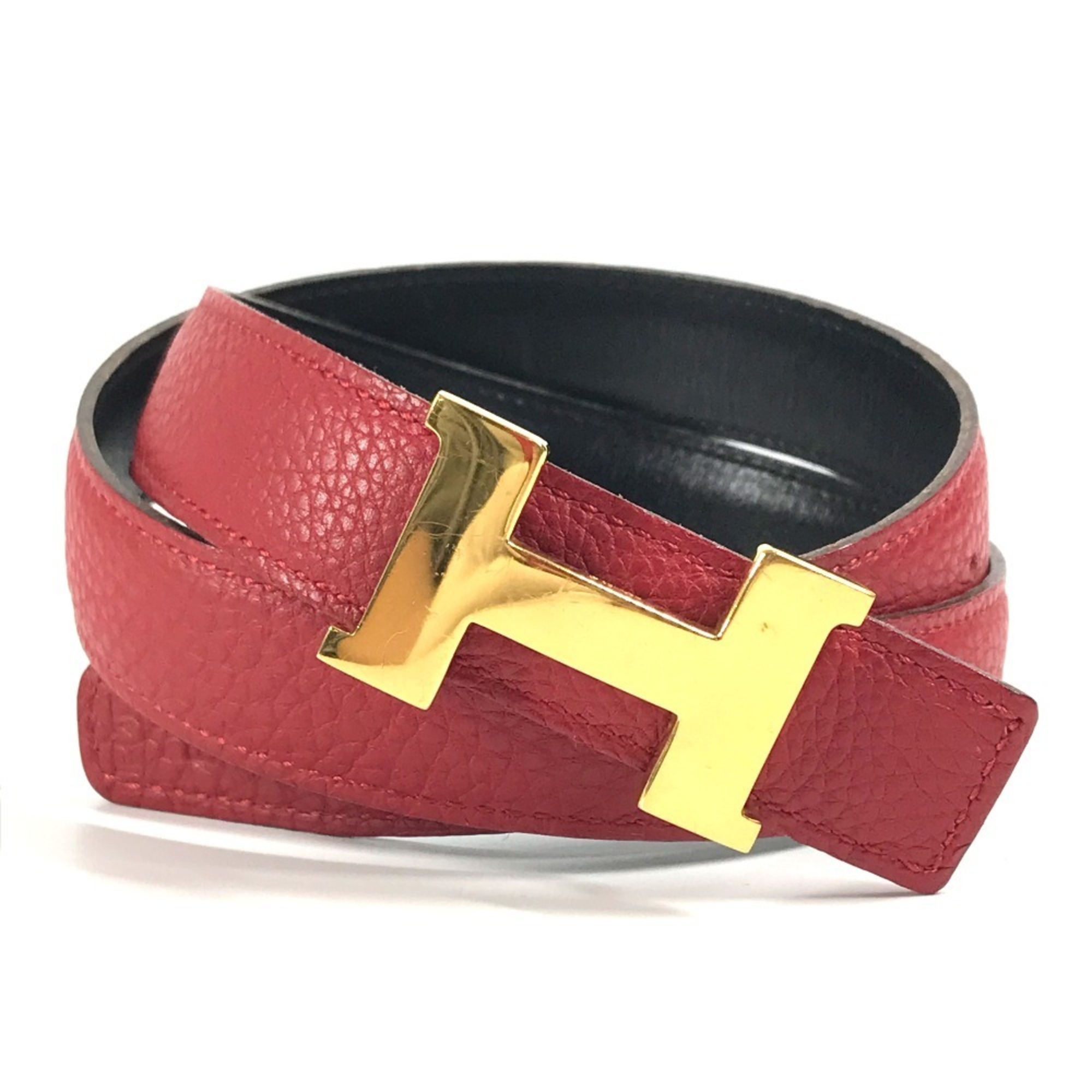 HERMES H Belt, Constance Leather Belt for Bottoms, Women’s, Red and Black