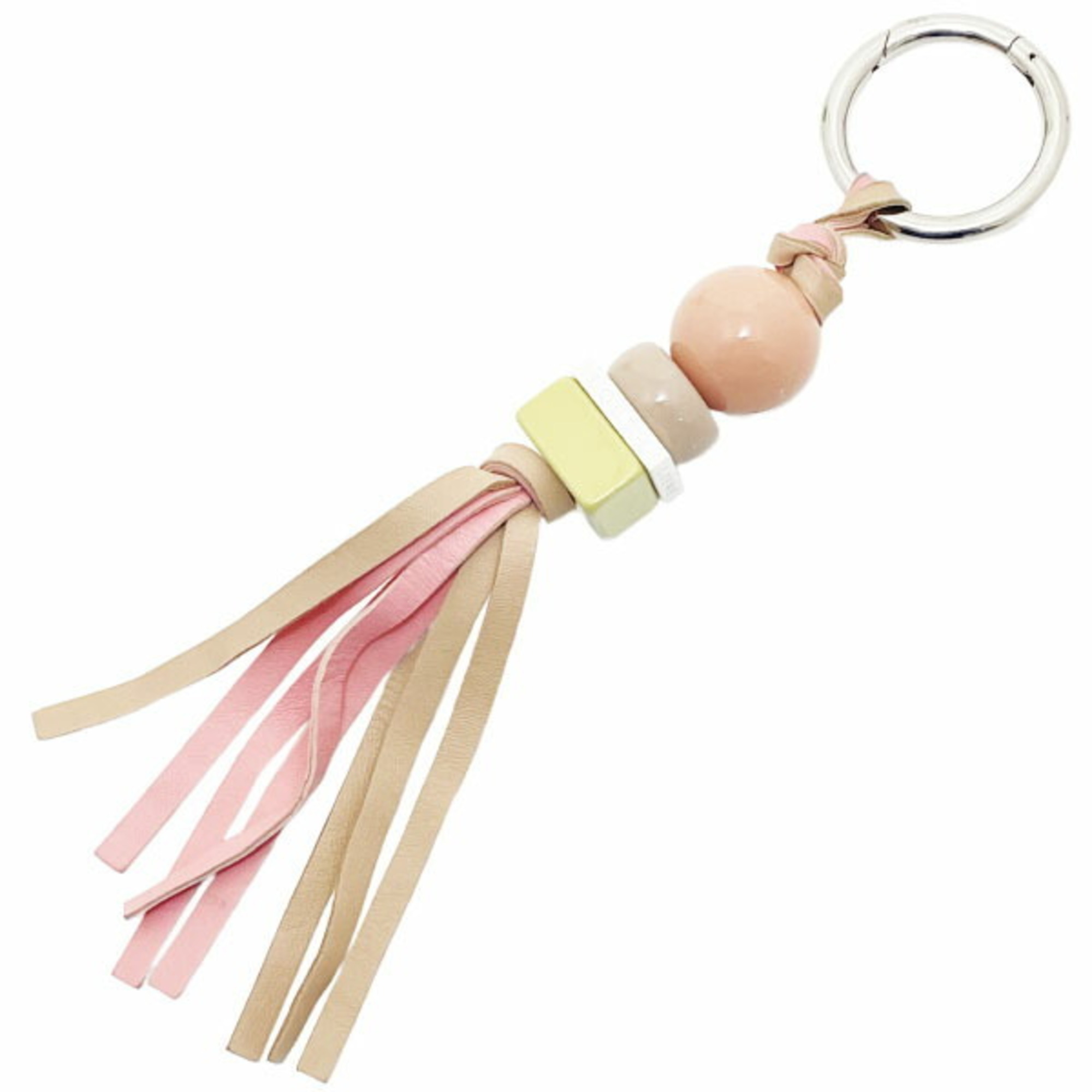 Loewe keychain motif charm in leather multicolored coral pink, beige, white, and yellow. Features ball, round, cube, square motifs. Key hook, key ring, bag charm. NN-16003