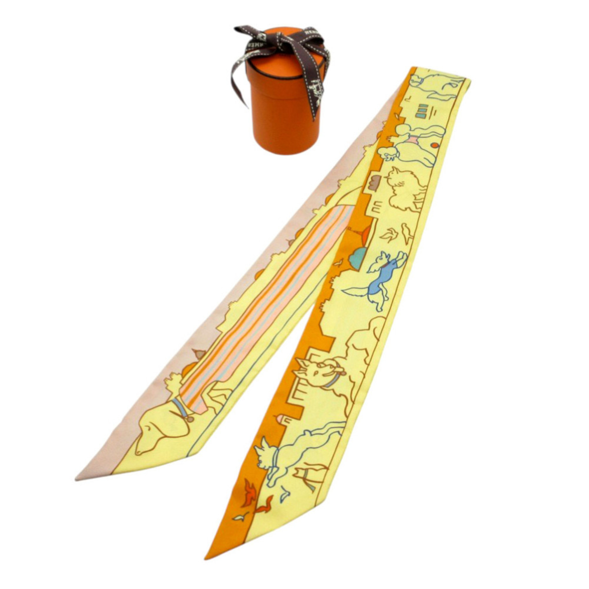 Like new HermÃ¨s Twilly Parisian Dog Scarf/Muffler Silk Yellow/Orange 0170 HERMES