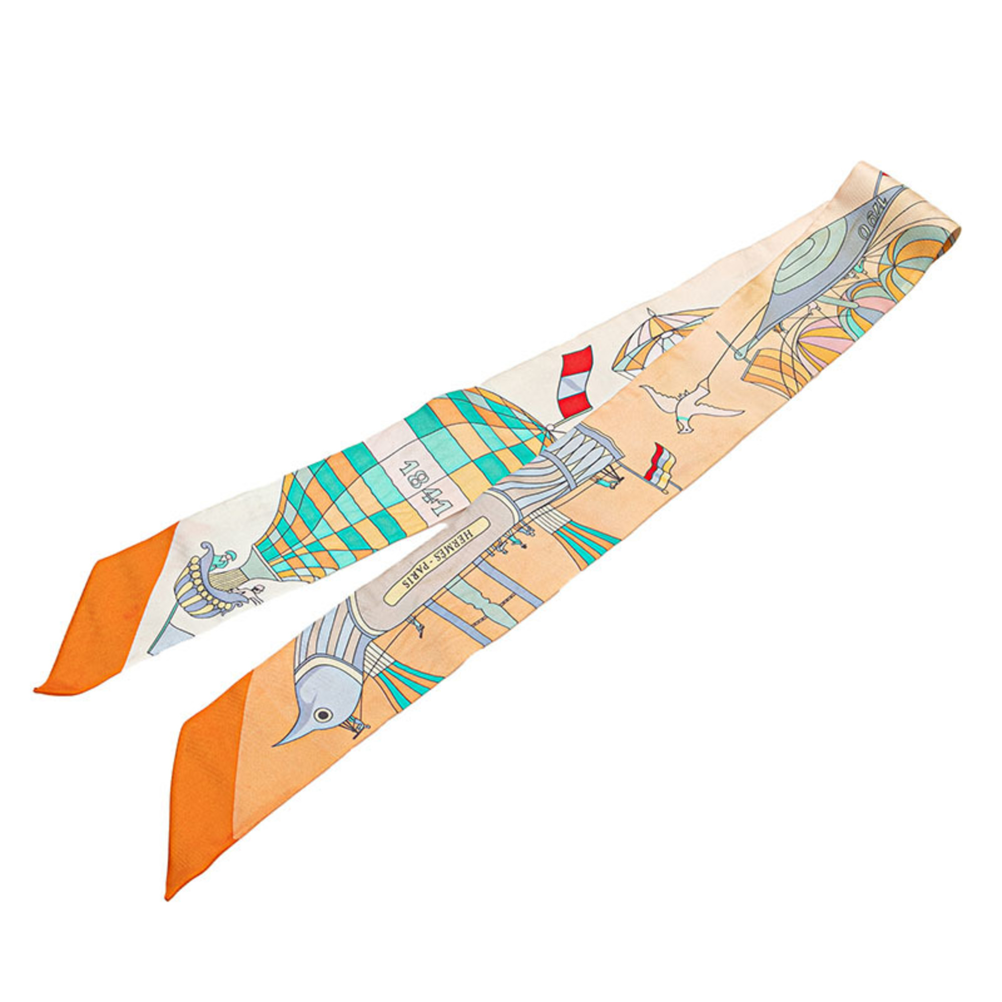Hermes HermÃ¨s Twilly “Les Folies du Ciel” scarf, orange, beige, multicolor, silk, women’s.