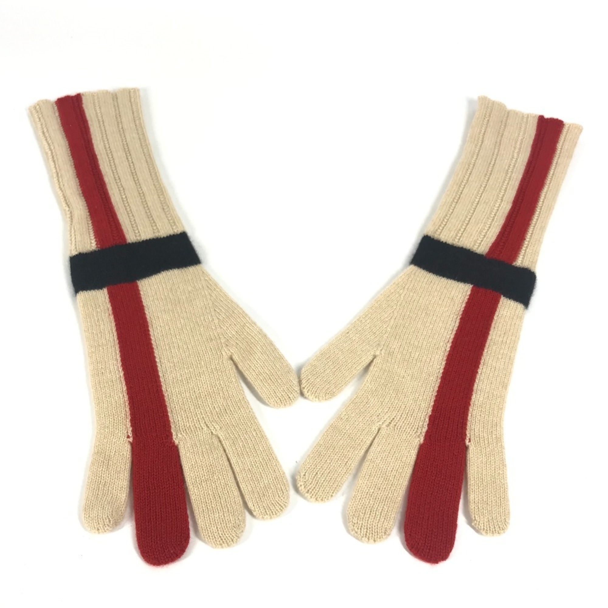 HERMES Striped Long Gloves, Cashmere, Women’s, Beige
