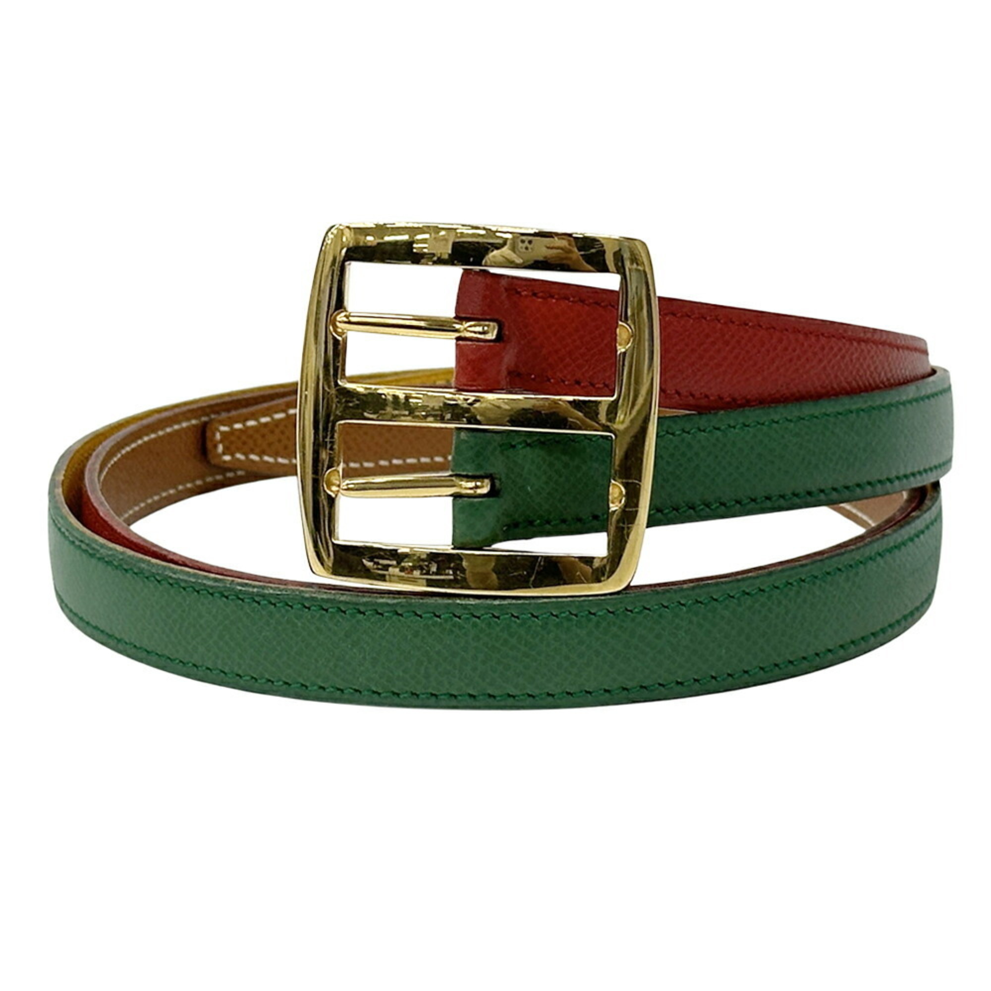 Hermes HermÃ¨s Women’s Couchvel Belt, Multicolor, Brown, Green, Yellow, and Red, Reversible, Engraved with a Circle