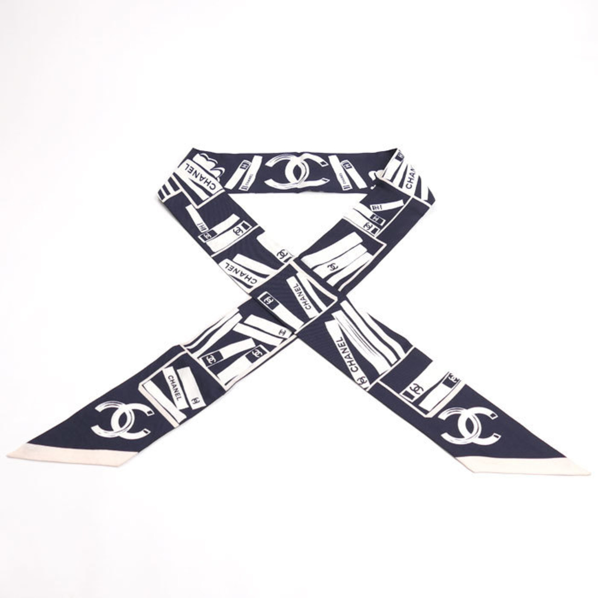 CHANEL Coco Mark Camellia Scarf Muffler Navy/White/Pink AA8527 Hairband Women’s