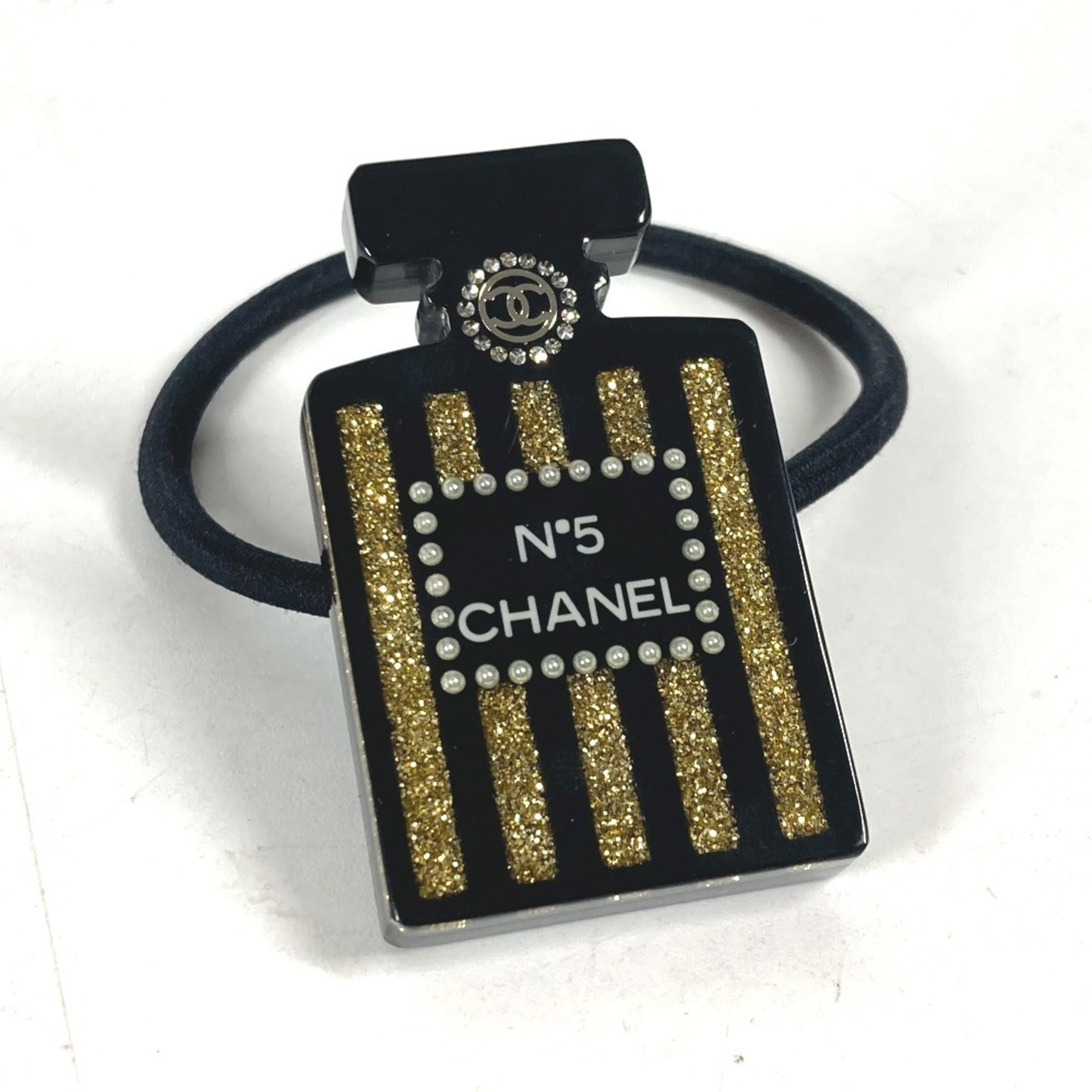 CHANEL 17A Logo Perfume Bottle Design Rhinestone Glitter CC Coco Mark Hair Accessory Tie Plastic Women’s Black