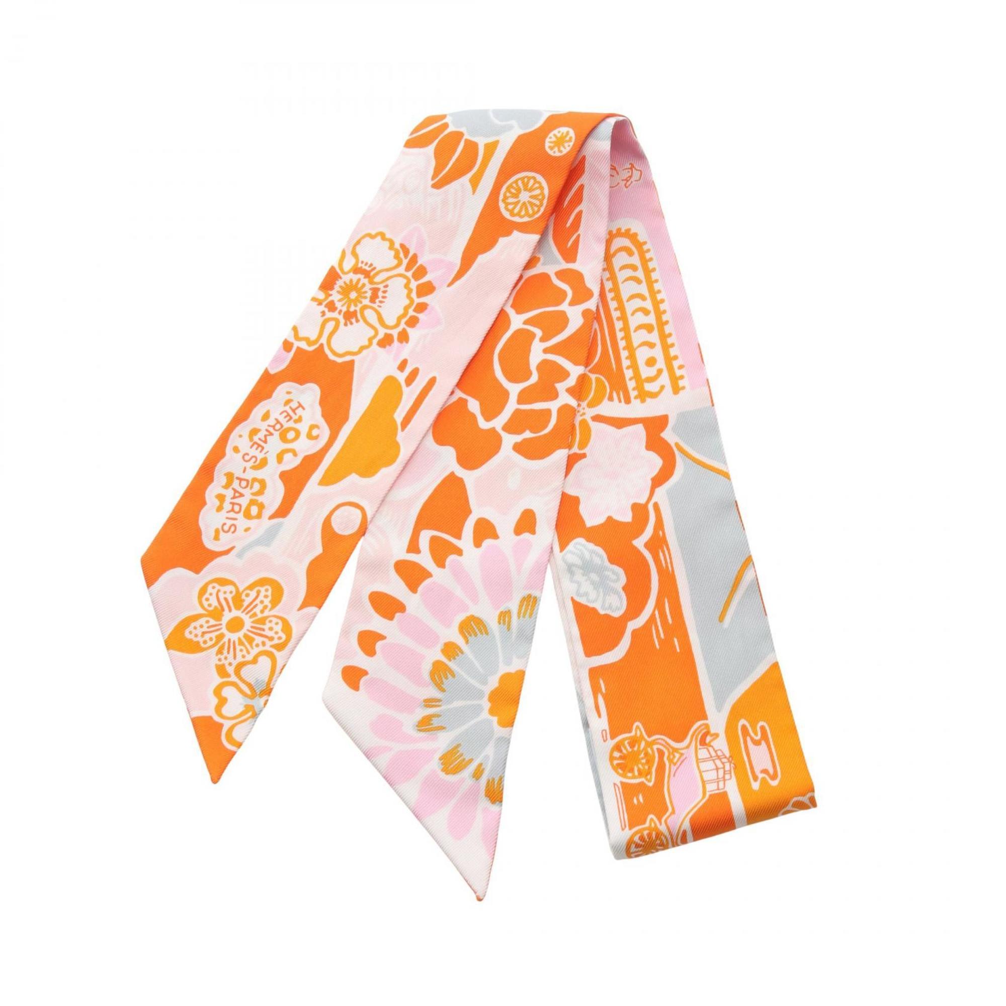 Hermes HermÃ¨s Twilly Bingata Silk Scarf for Women, Orange, Pink, and Gray