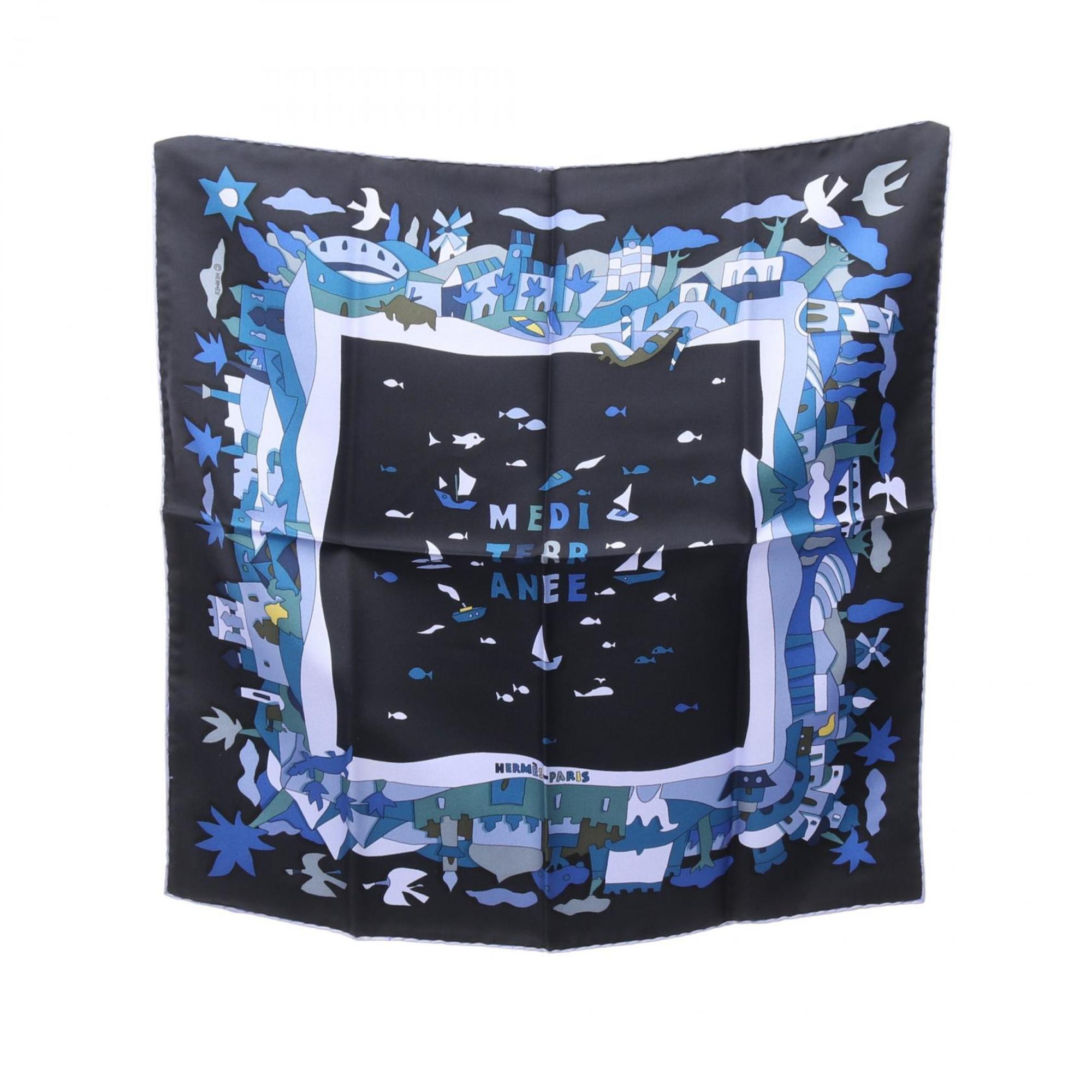 Hermes HermÃ¨s Petit CarrÃ© 45 MEDITERRANEE Silk Scarf for Women in Navy and Blue
