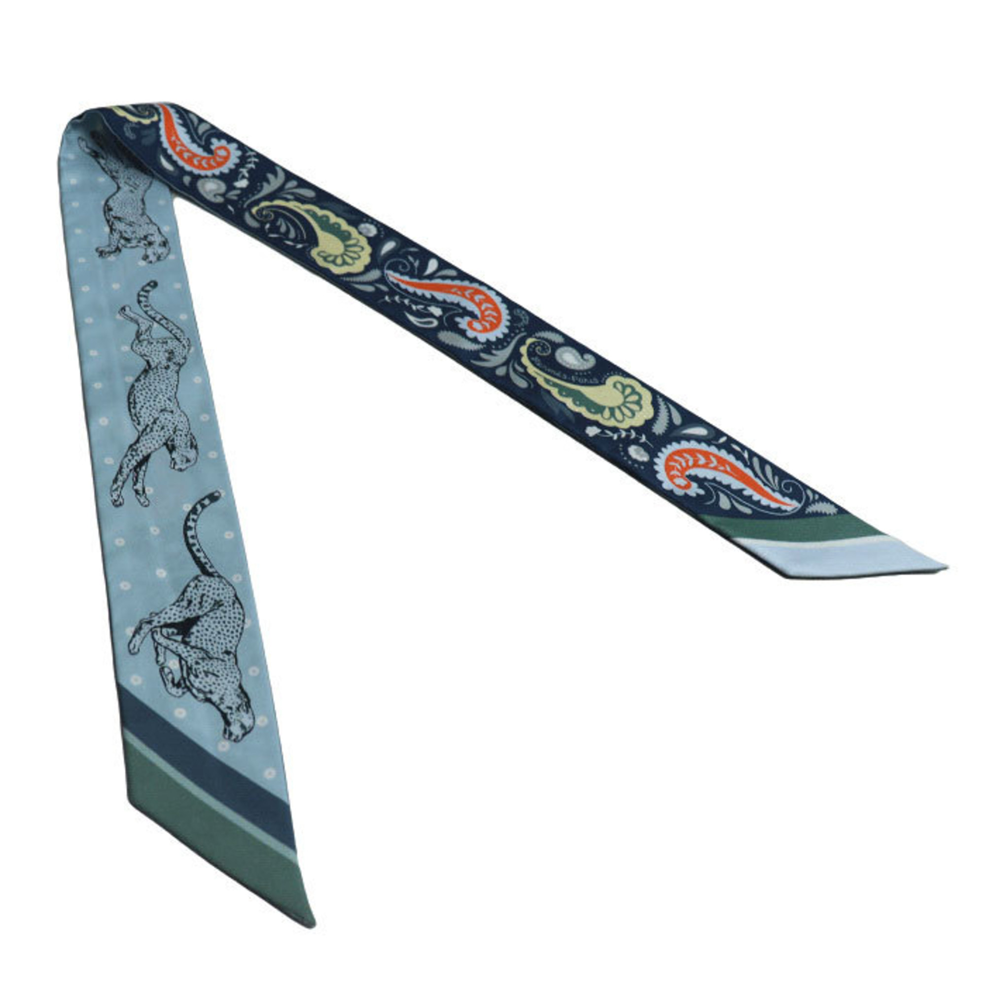 HERMES GUEPARDS BANDANA Cheetah Scarf Muffler Blue Marine Clair / Ciel Green H064179S 04 Women’s