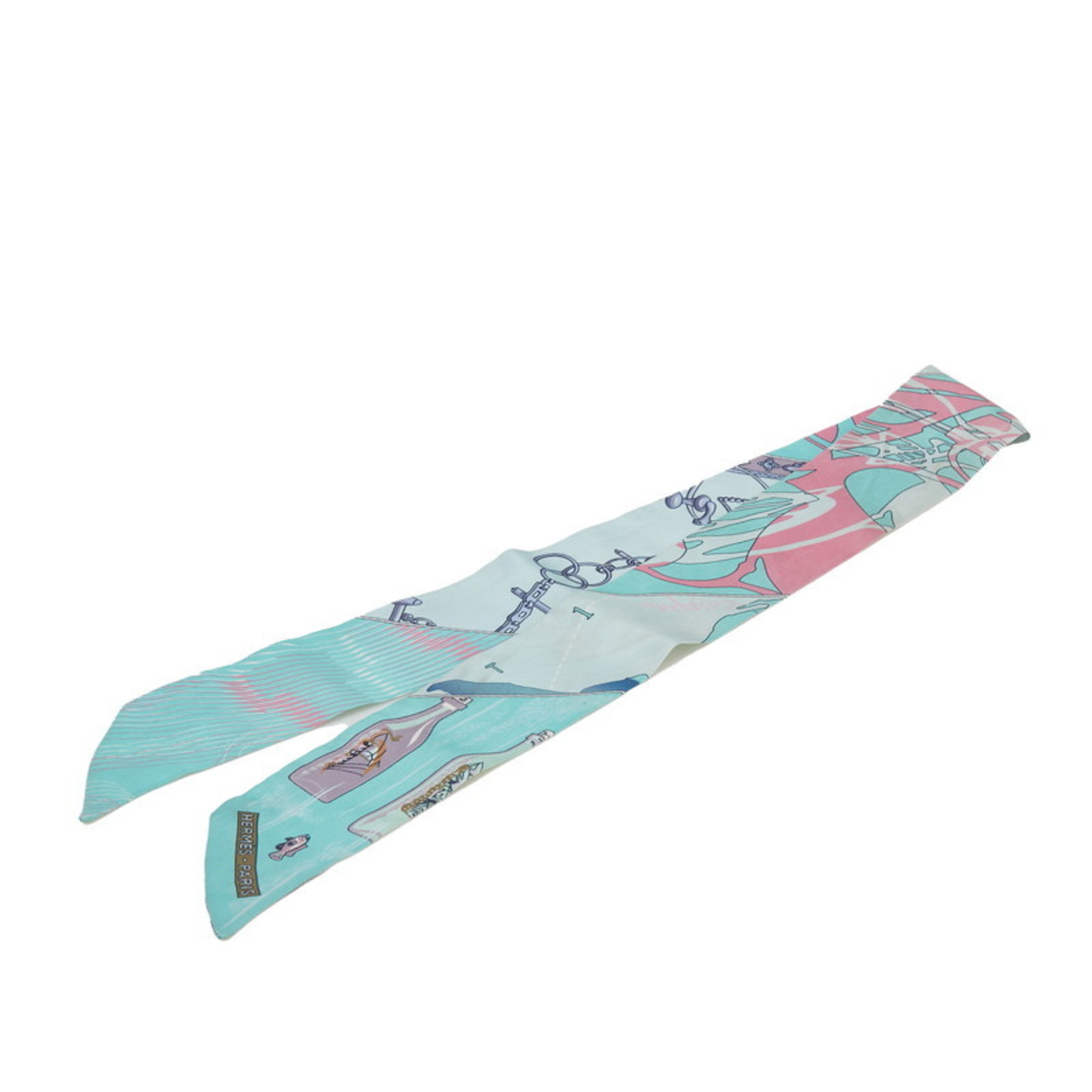 Hermes HermÃ¨s Twilly Caleche Mors et Boteilles (Hami and Bottle) Scarf, Blue Multicolor Silk, Women’s