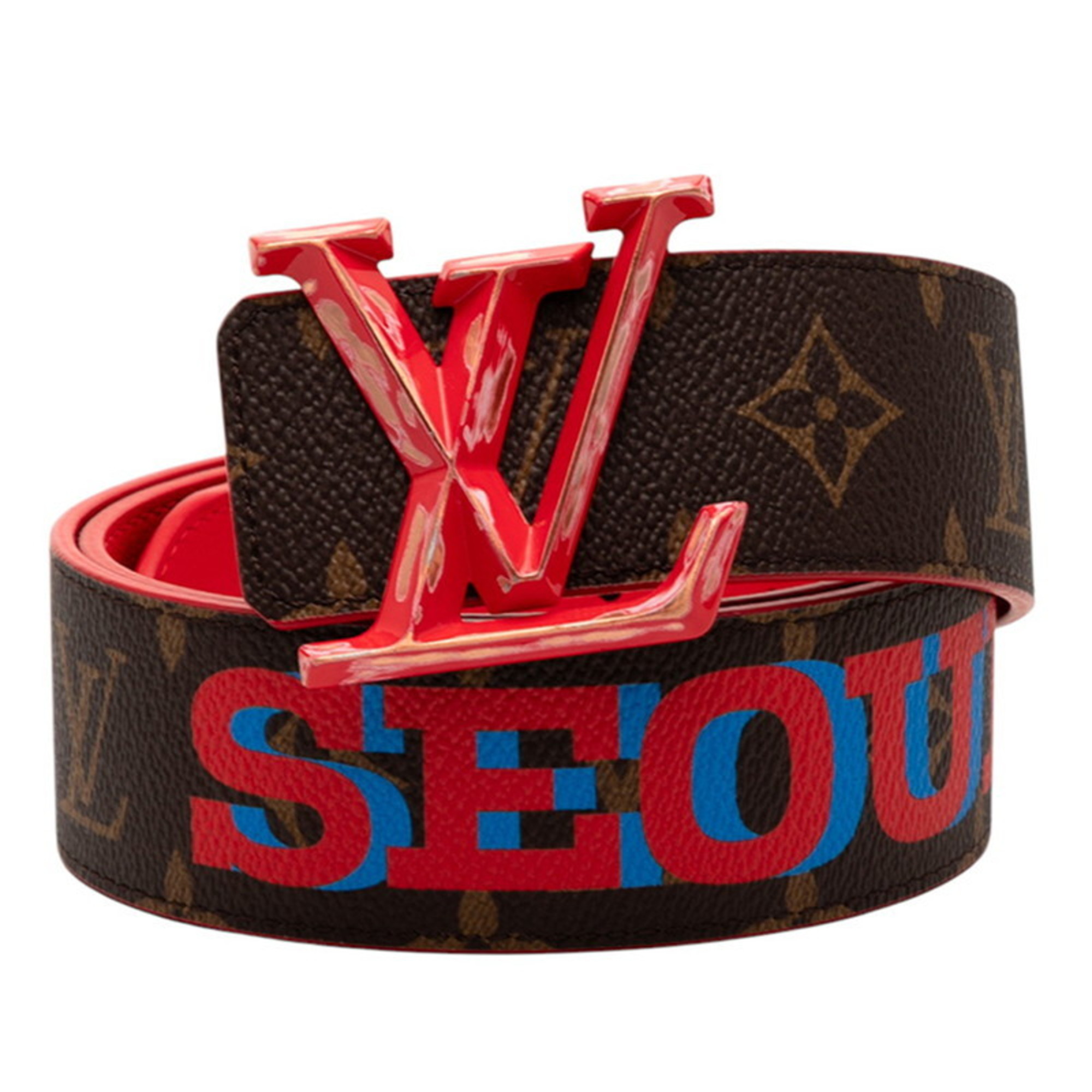 Louis Vuitton x Virgil Abloh Monogram Pyramid Ceinture Initial Belt, Size 85/34, M0487, Brown and Red Leather, Men’s