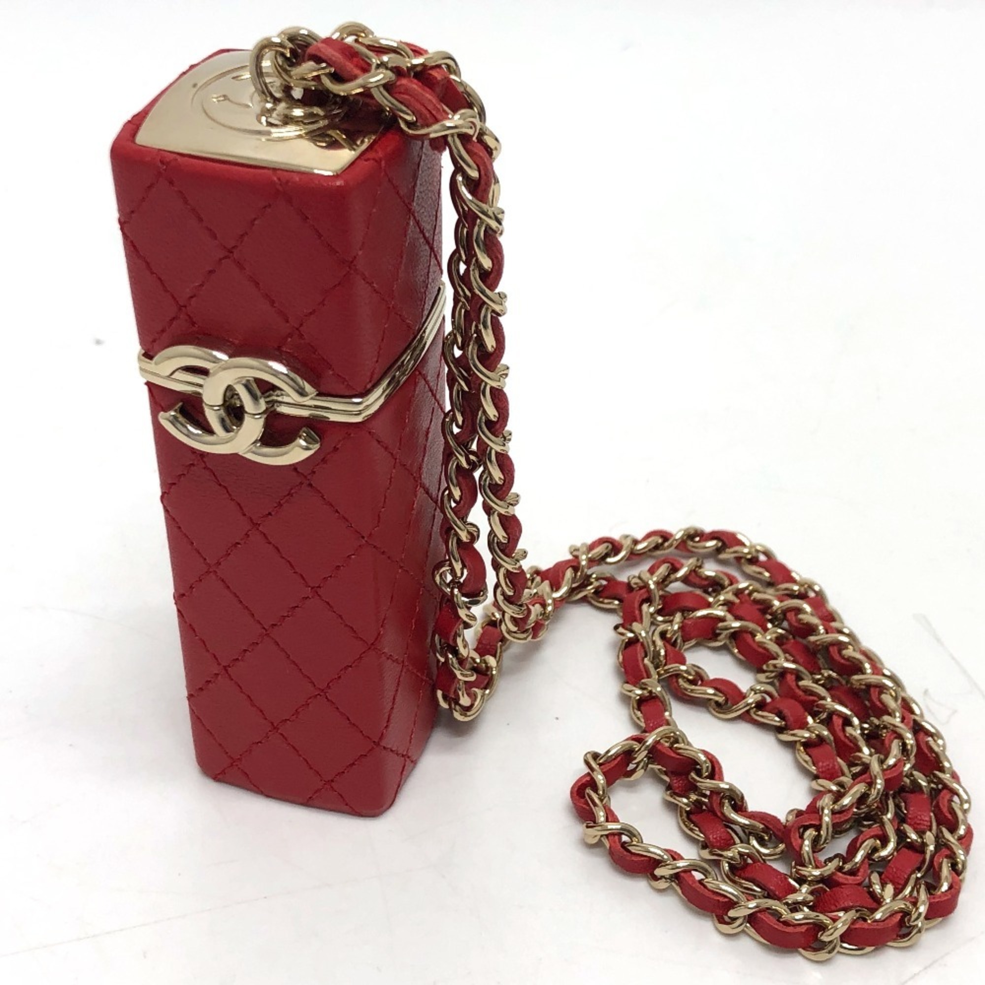 CHANEL Coco Mark CC Lip Case Chain Shoulder Bag Leather Women’s Red Like New