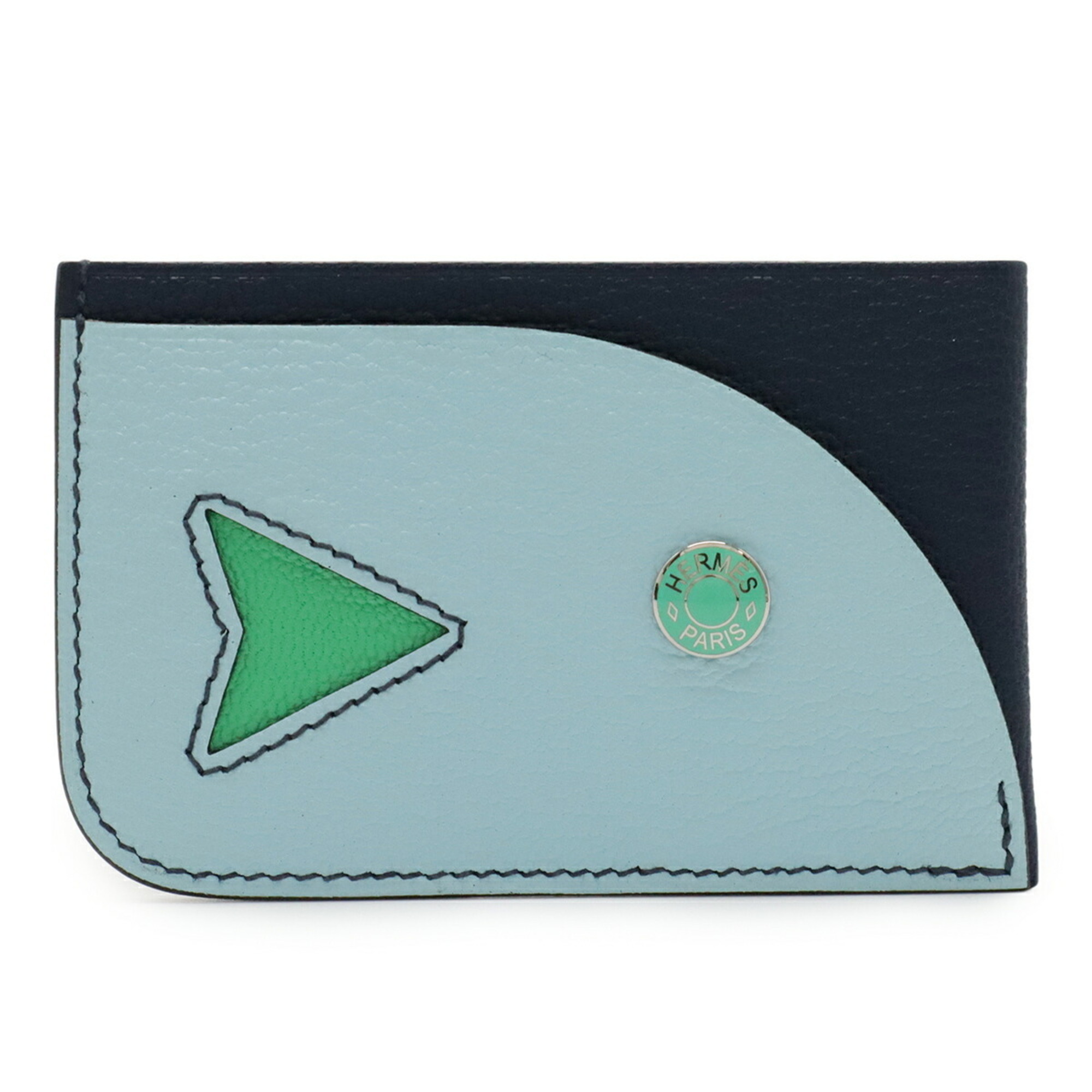 HERMES Poisson card case, business holder, pass fish motif, Chevre Mysore, blue navy, Zephyr, B stamped