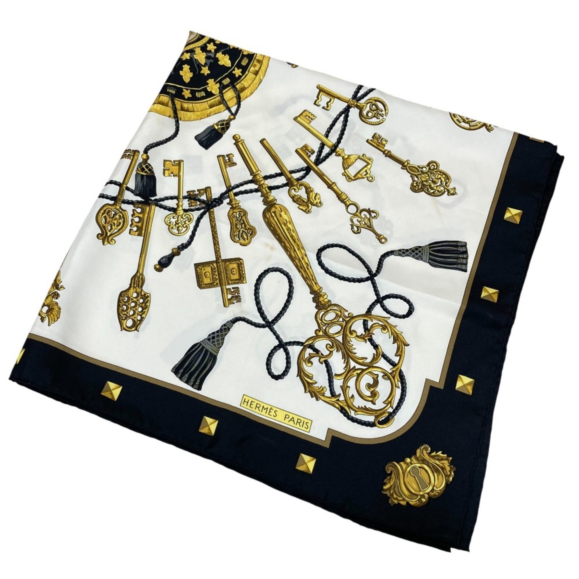 HERMES CarrÃ© 90 LES CLES THE KEYS RARE Key Pattern Large Scarf White x Black Women’s