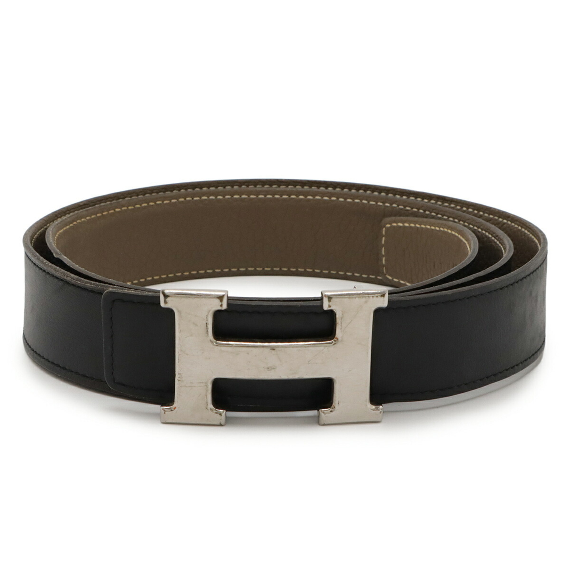 HERMES H-belt with H-buckle, reversible box calf leather, Togo black, Etoupe #100, â–¡Q stamped