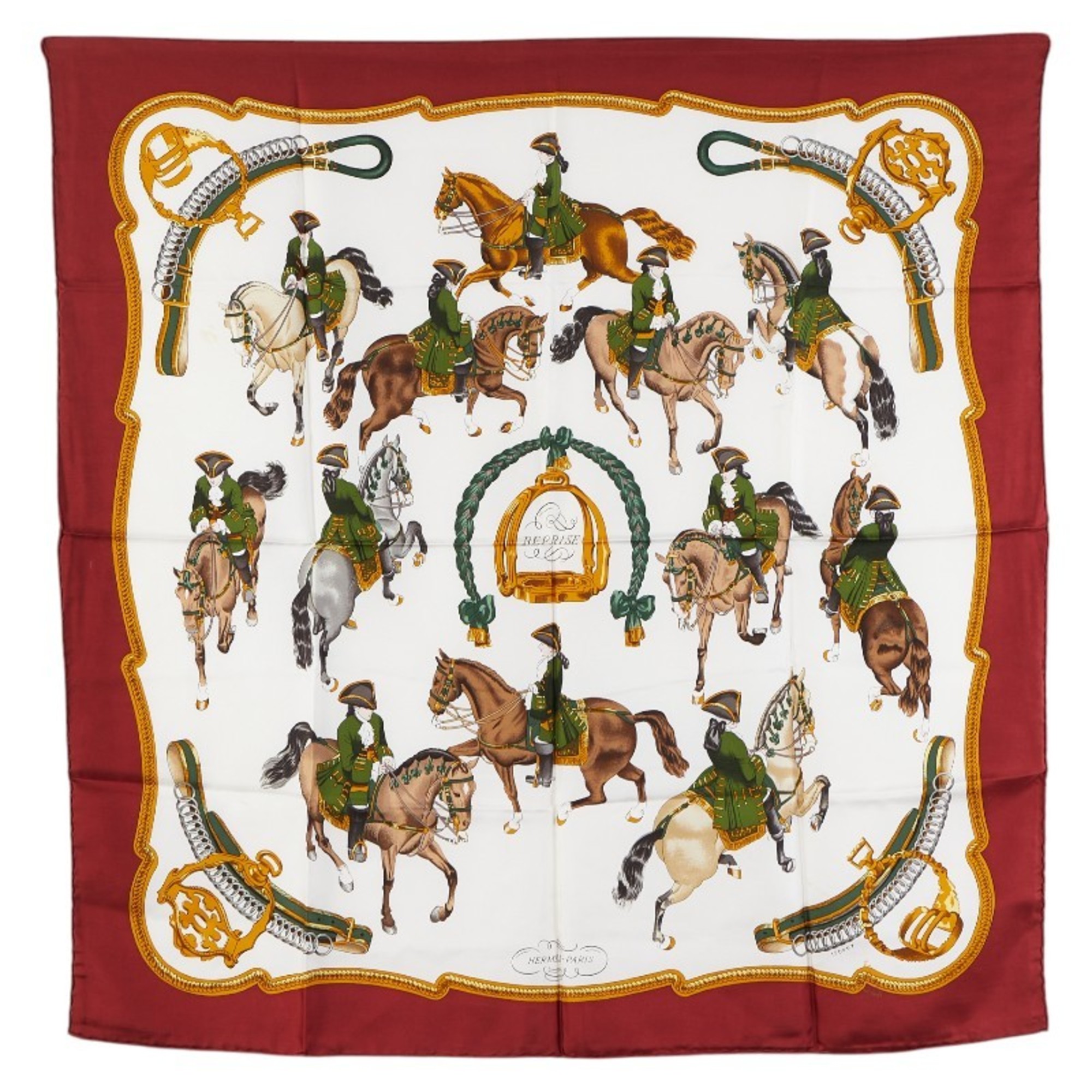 Hermes Carre 90 REPRISE Horse Riding Scene Scarf Muffler Wine Red Multicolor Silk Women’s HERMES