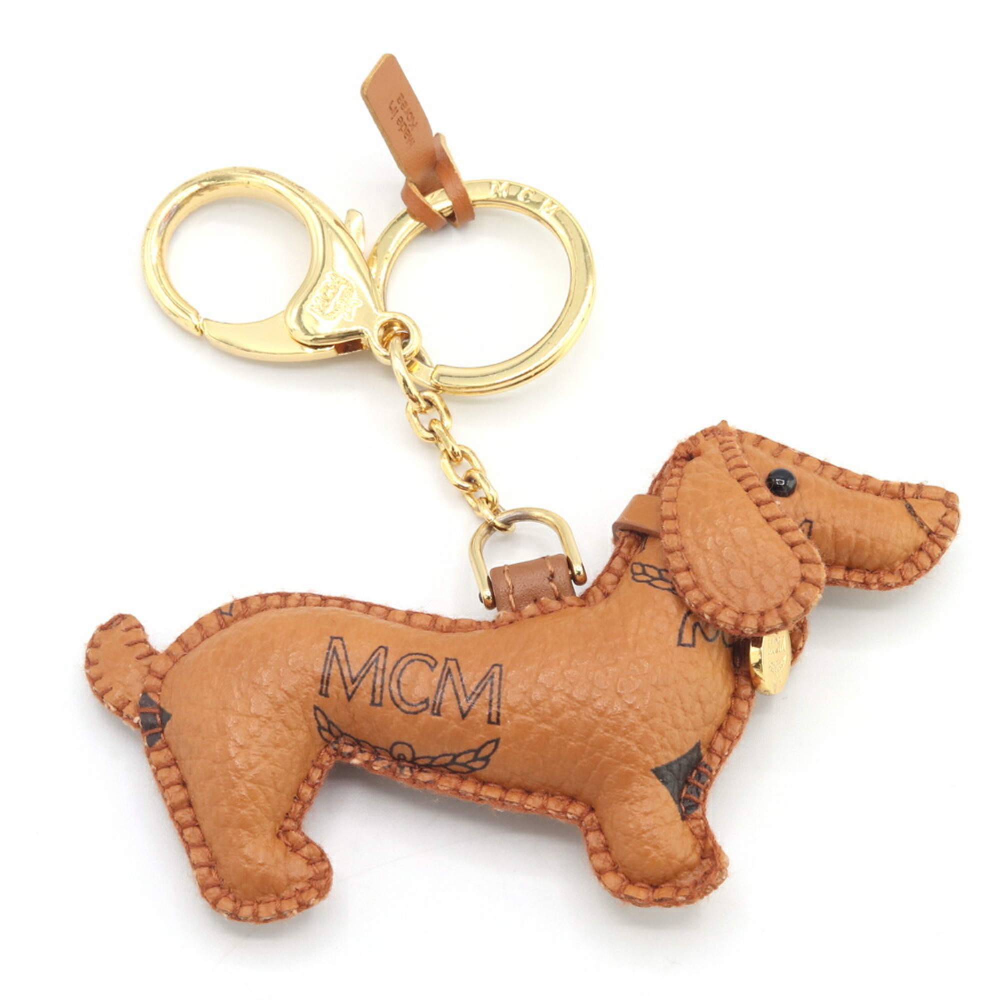 MCM Brown Leather Bag Charm Keychain Key Ring Dog Dachshund