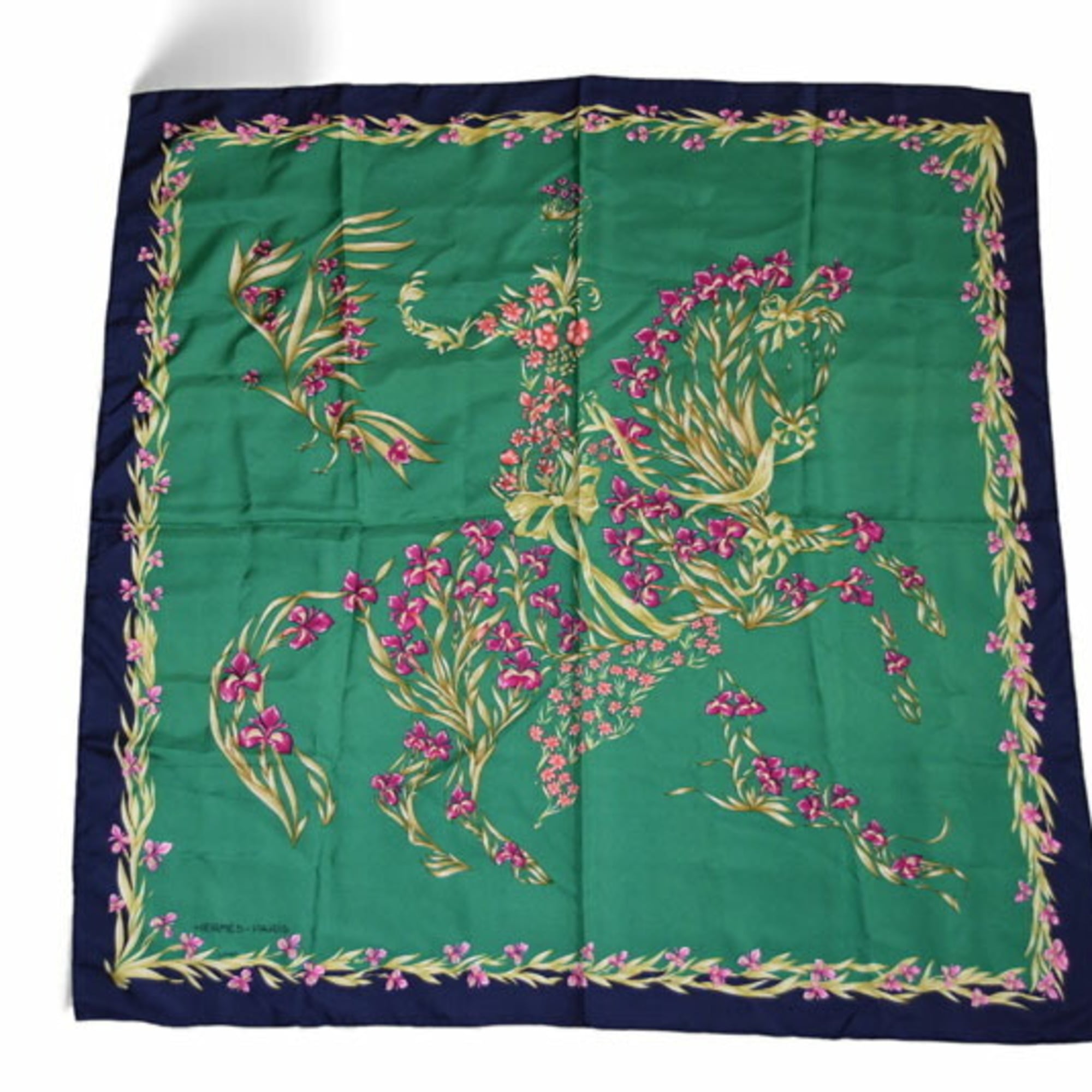 Hermes HermÃ¨s CarrÃ© 90 Scarf, Silk Twill, Flowering Horse, H. d’Origny, Henri Green/Navy