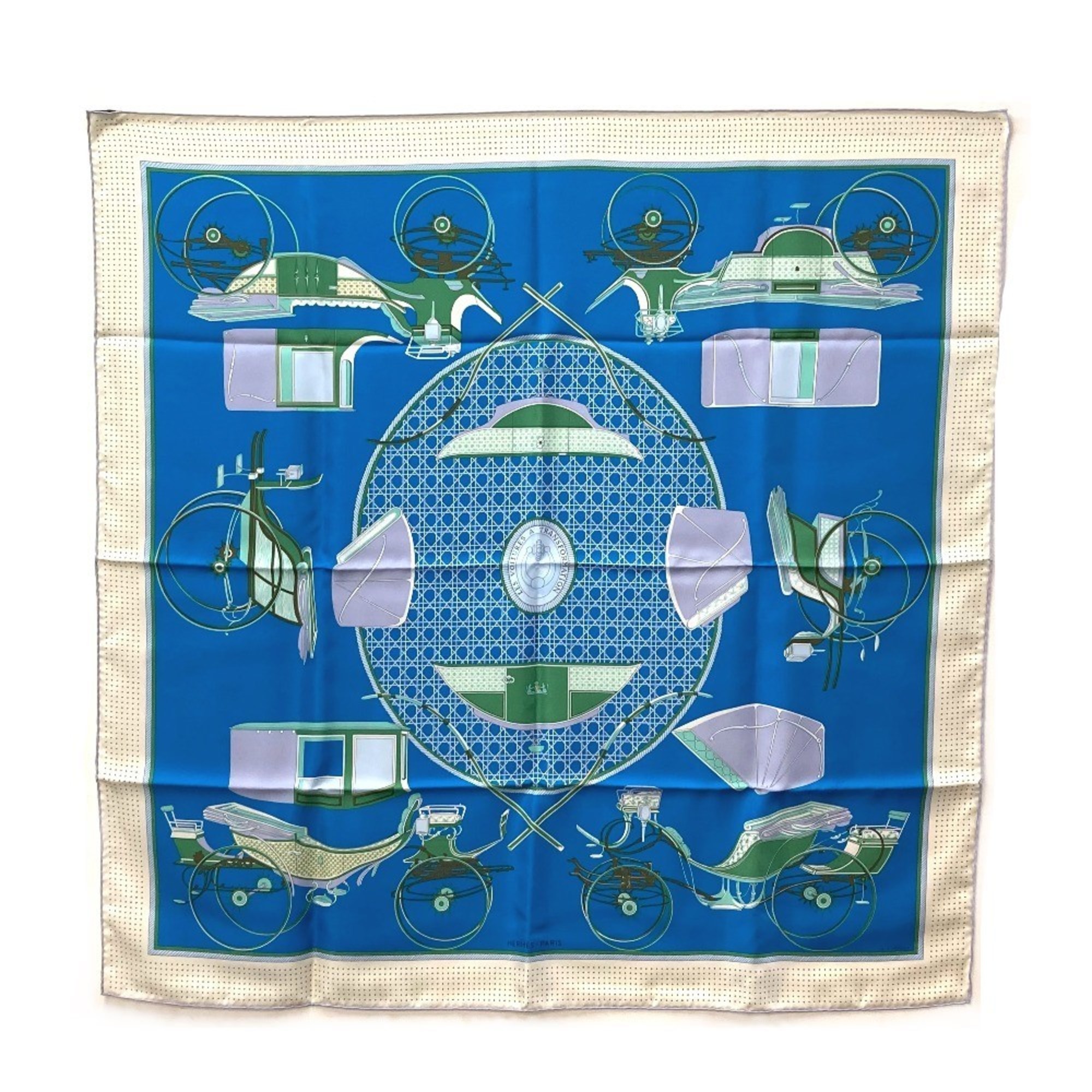 HERMES LA PERRIERE Carriage CarrÃ© 90 Silk Scarf Muffler Women’s Blue/Green/Ivory