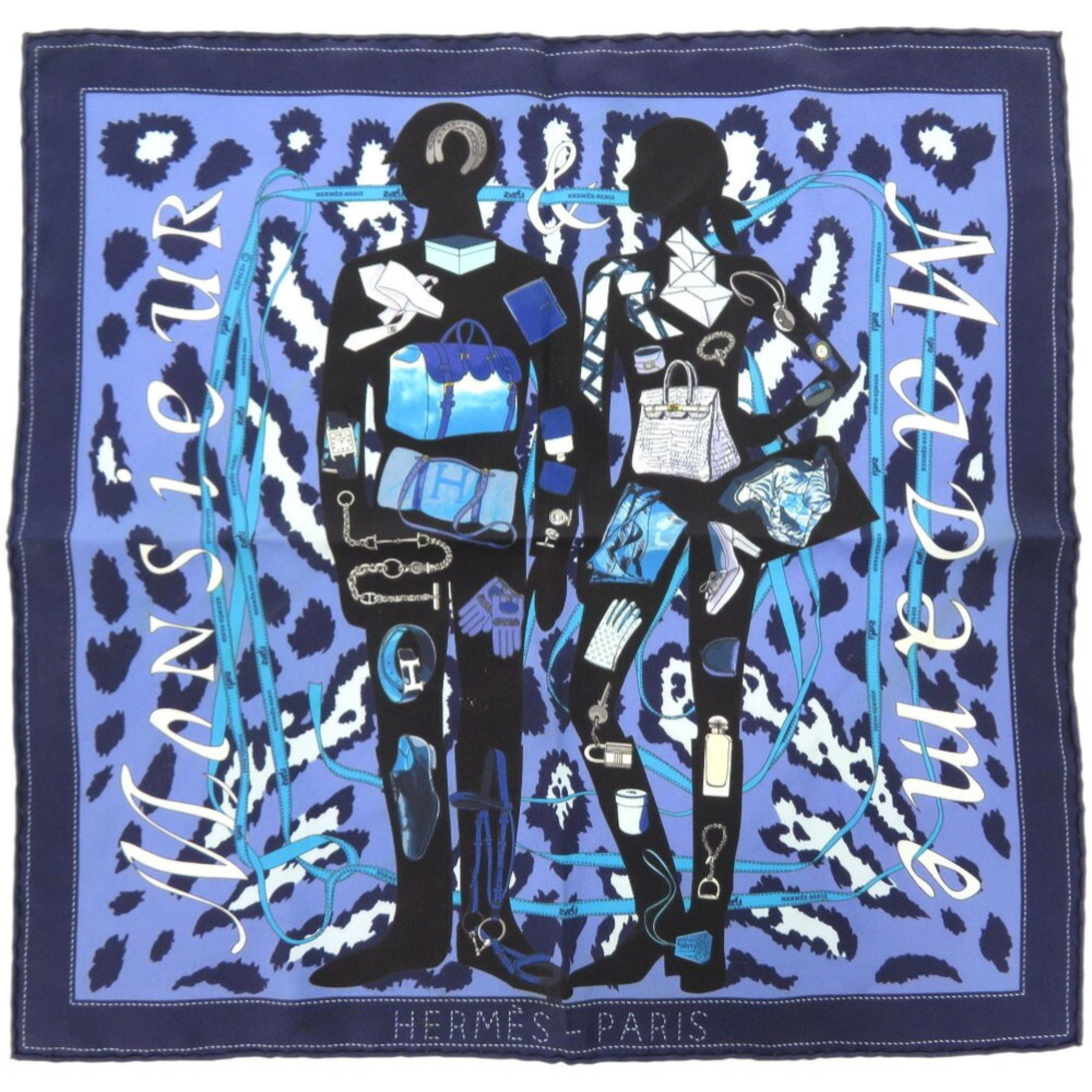 Hermes CarrÃ© 40 MONSIEUR ET MADAME Monsieur & Madame Silk Blue Scarf Muffler 0821HERMES