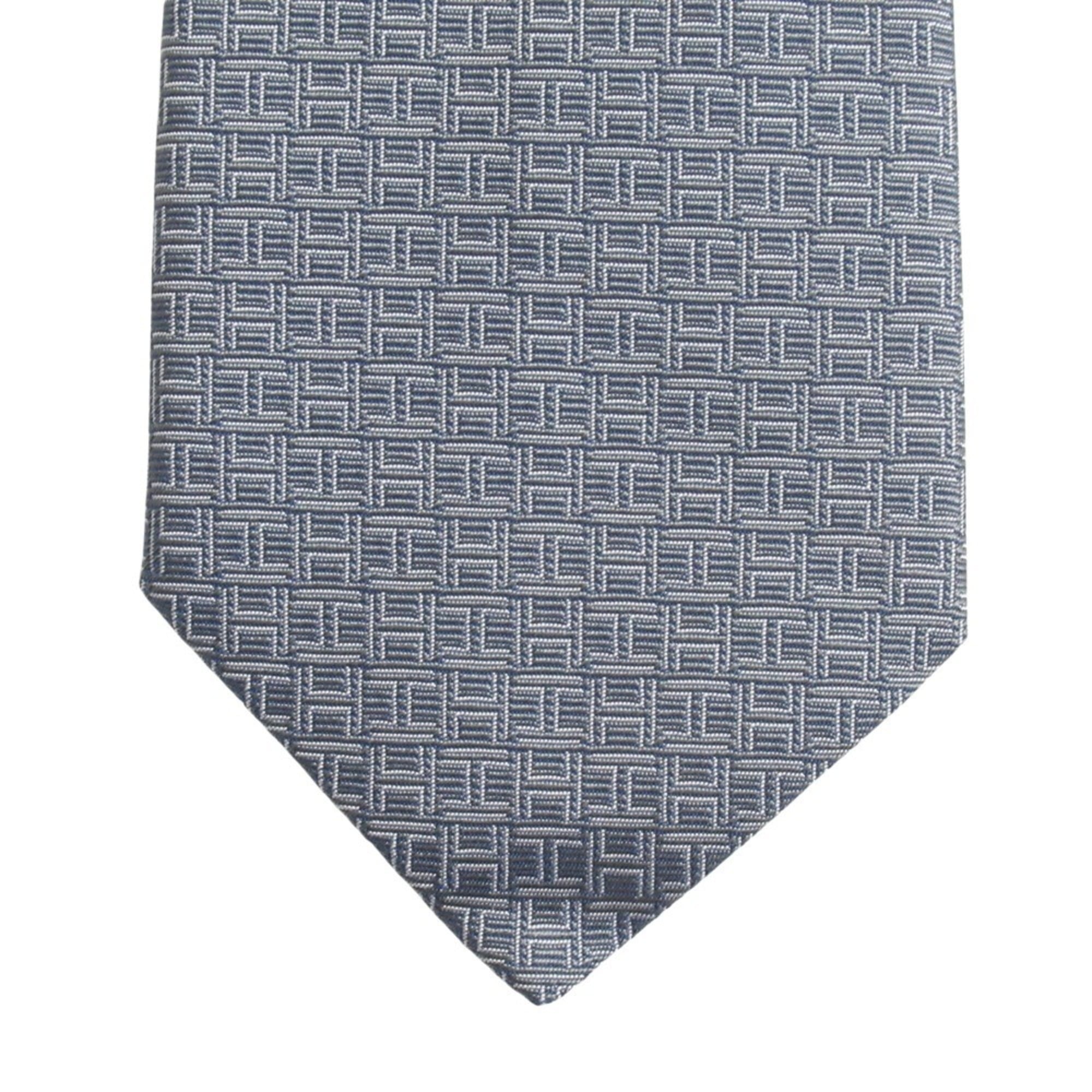 HERMES De Face et de Profile Regular Tie with H Logo, Silk, H339350T, Gris Blanc, Men’s