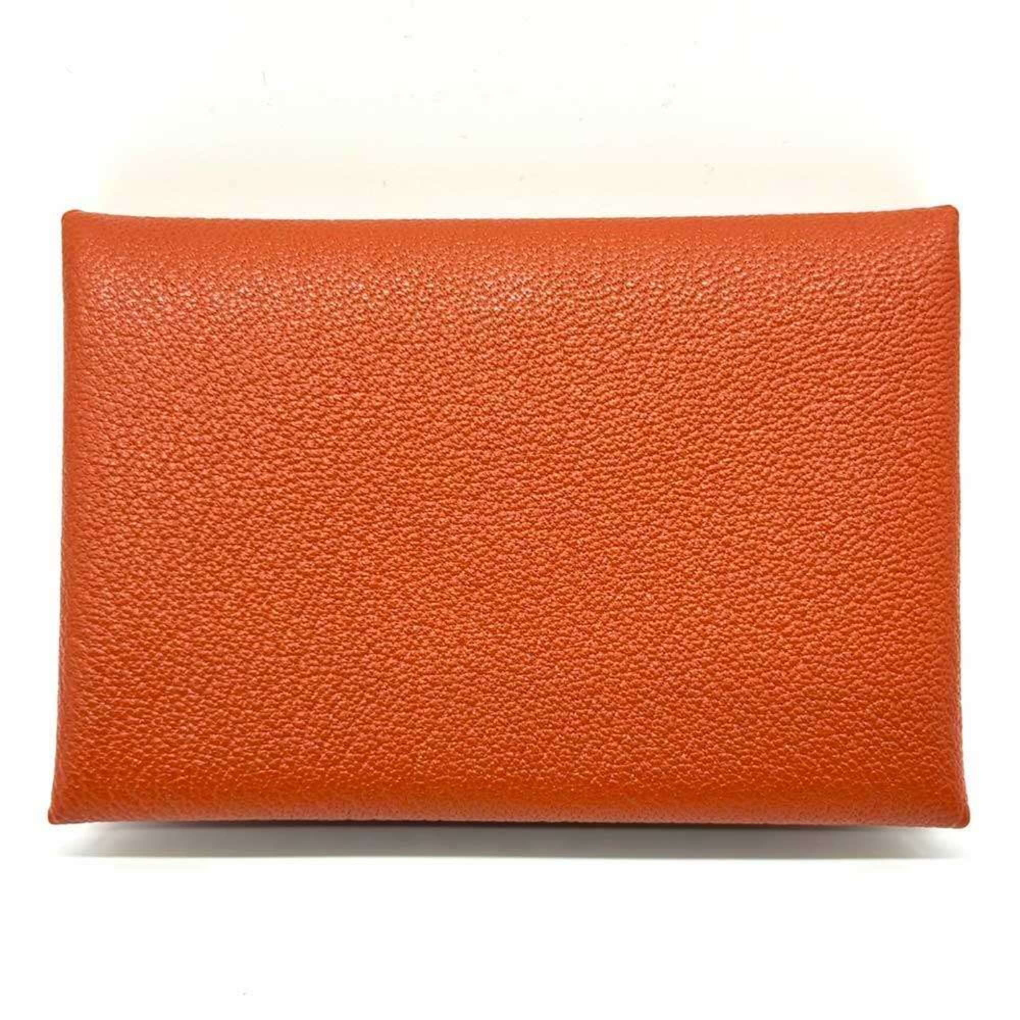 Hermes Calvi Duo Wallet/Coin Case Business Card Holder/Card Leather Brown HERMES