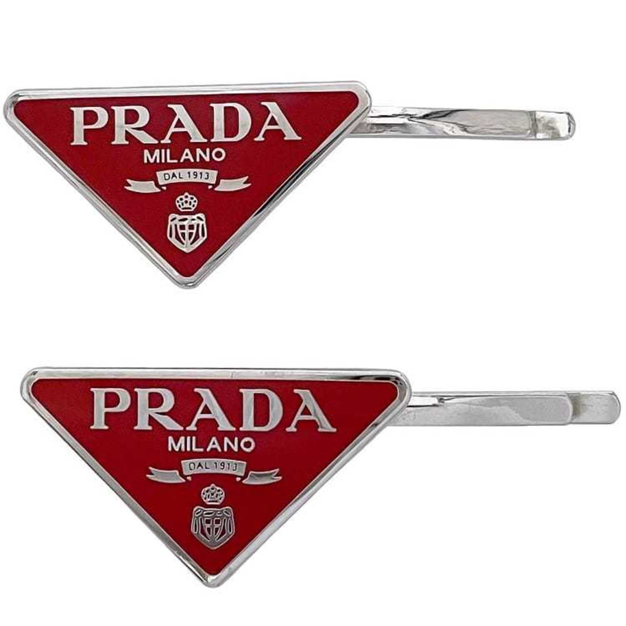 Prada Hairpin f-23295 Red Silver 1IF051 Unused New Metal PRADA Hair Clip Triangle For Women Fittings