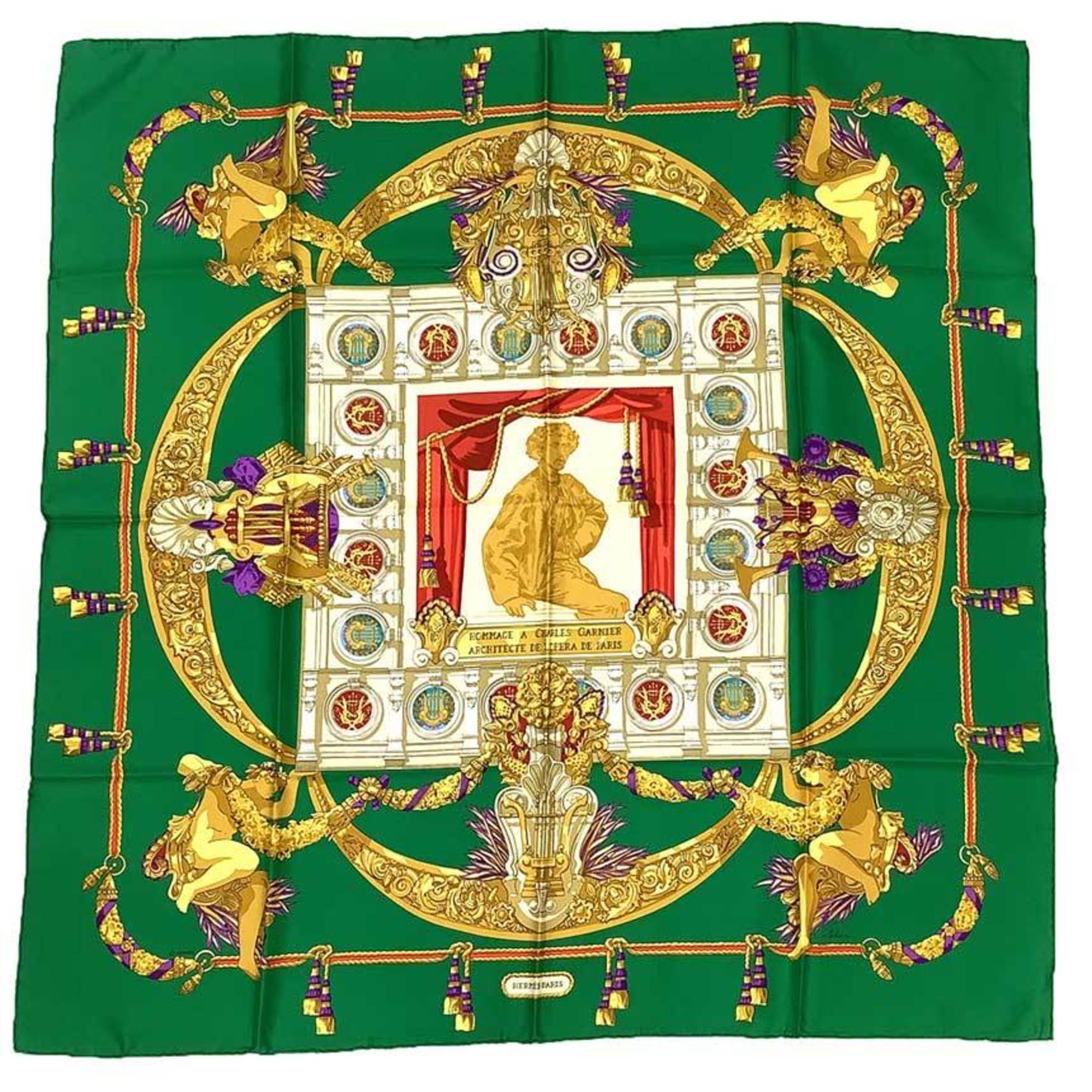 HERMES CarrÃ© 90 Scarf, Hommage a Charles Garnier, tribute to Green, 100% Silk