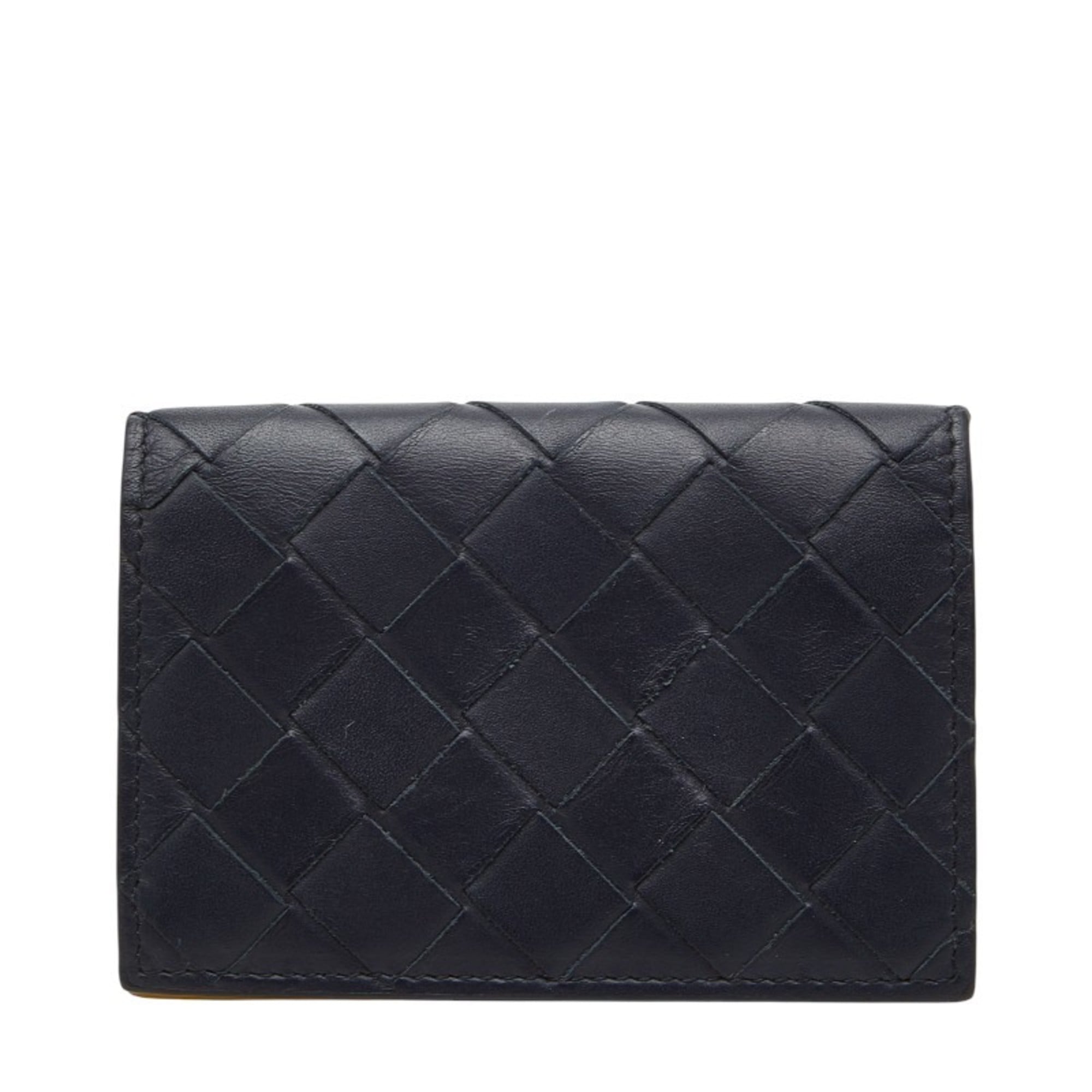 Bottega Veneta Intrecciato Business Card Holder/Card Case, Navy and Yellow Leather, Men’s