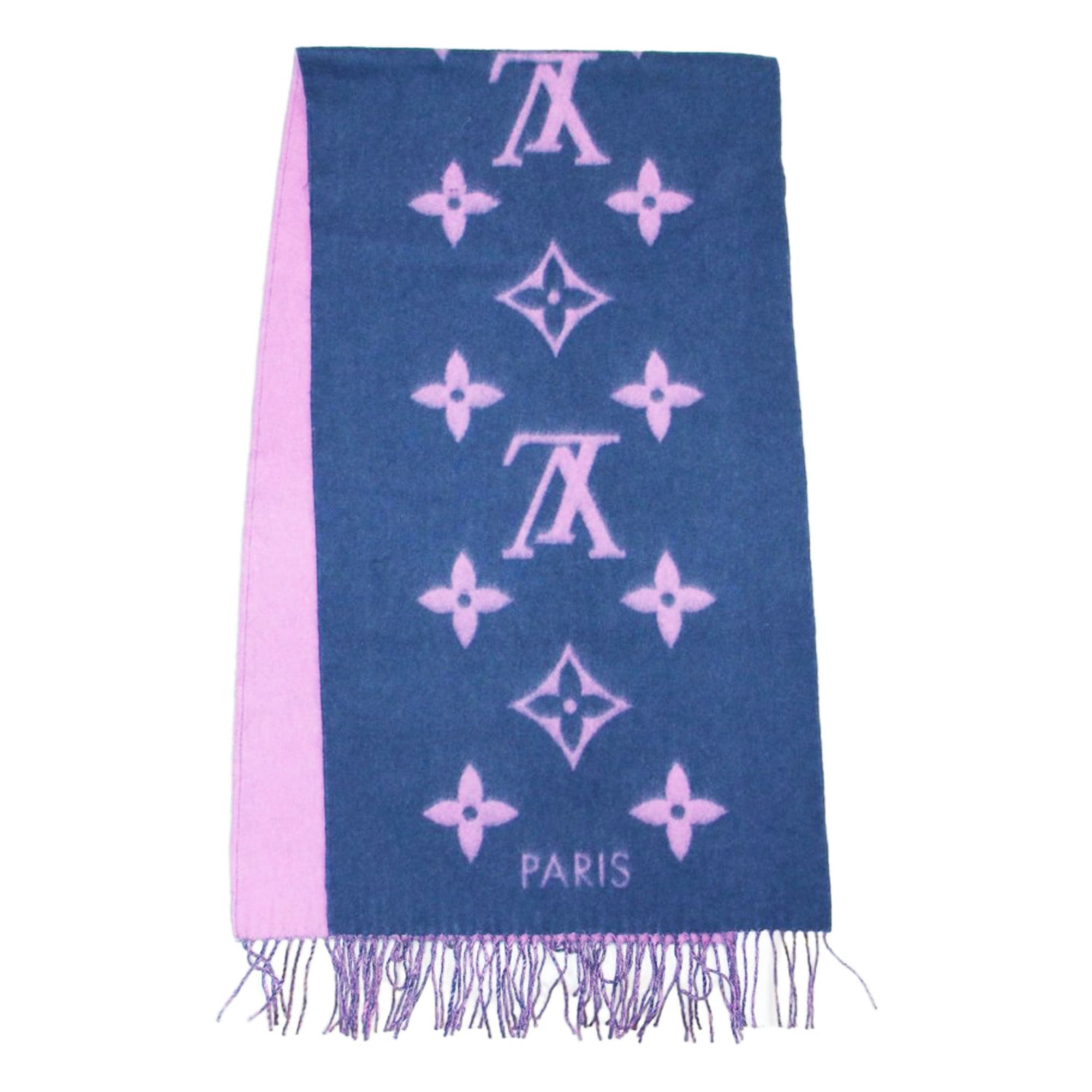LOUIS VUITTON Louis Vuitton Scarf Navy Pink Reykjavik Cashmere Giant Monogram Bicolor Made in England High