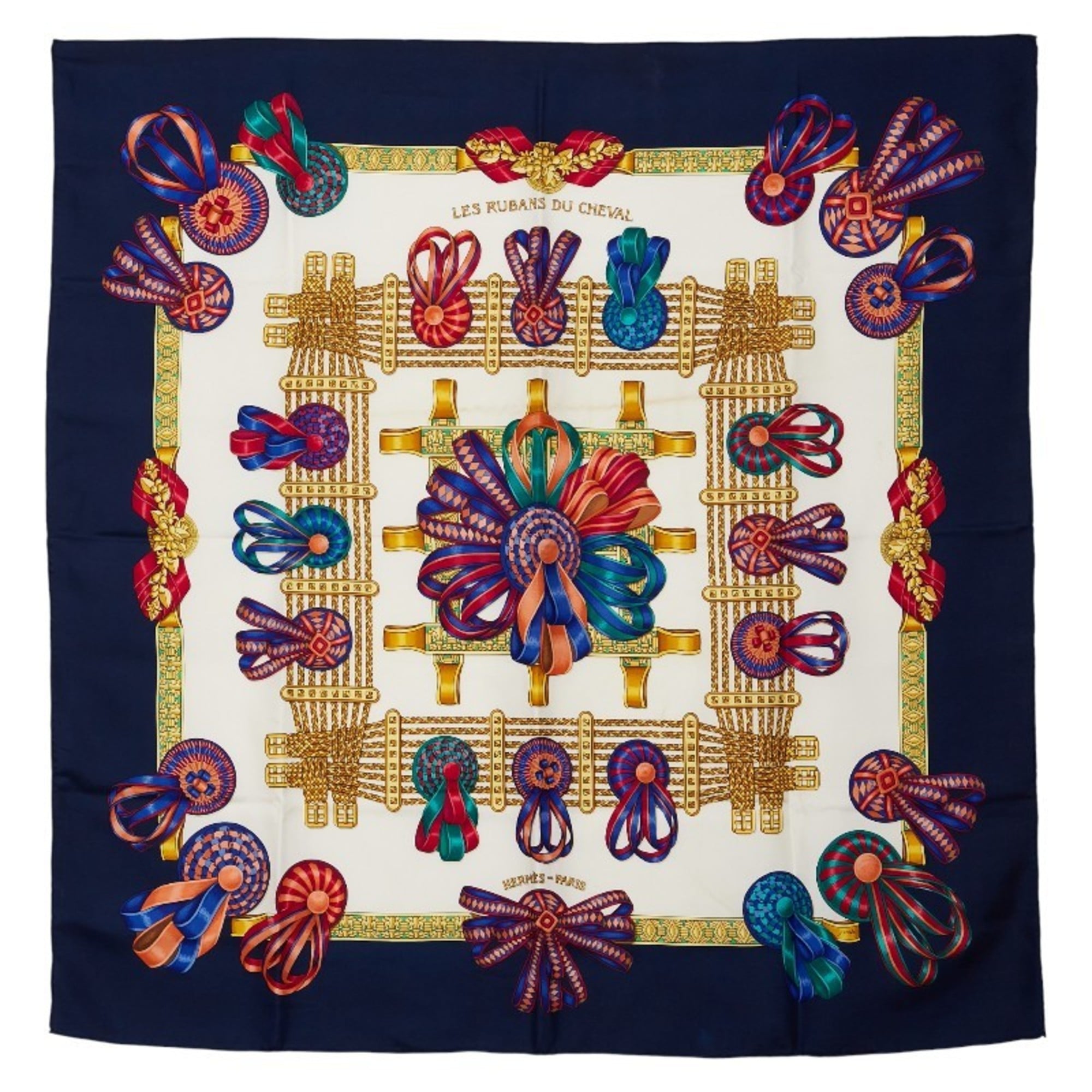 Hermes HermÃ¨s CarrÃ© 90 “Les Rubans du Cheval” Horse Ribbon Scarf, Navy, White, and Multicolor Silk, Women’s