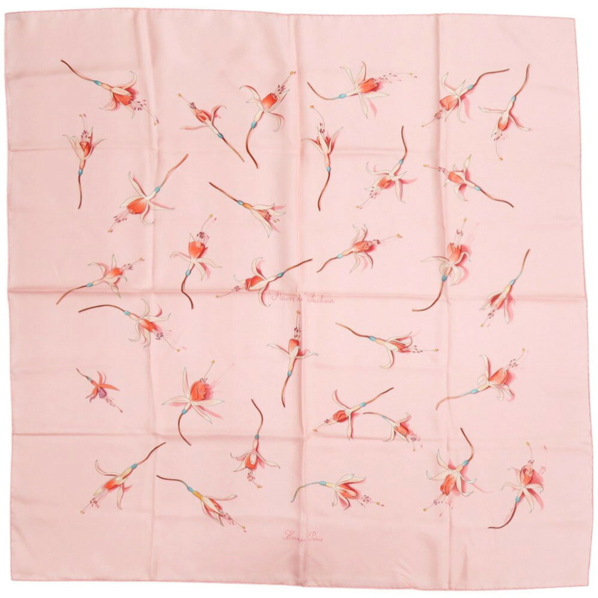 Hermes HermÃ¨s CarrÃ© 90 “Fleurs de Fuchsia” fuchsia flower silk pink scarf/muffler, 1875