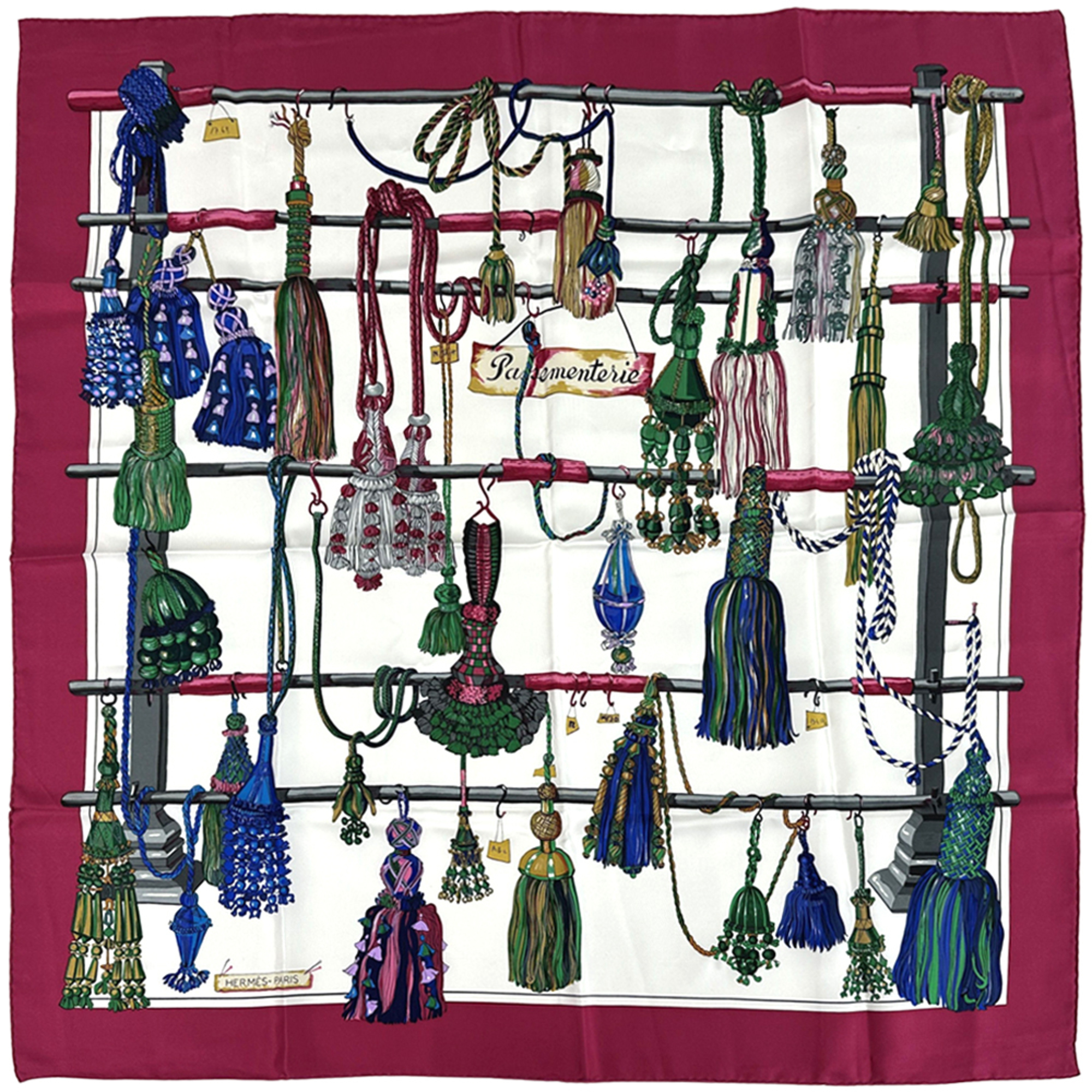 HermÃ¨s HERMES CarrÃ© 90 PASEMENTERIE scarf, women’s silk scarf with string accents, available in wine red, multicolor, and purple.