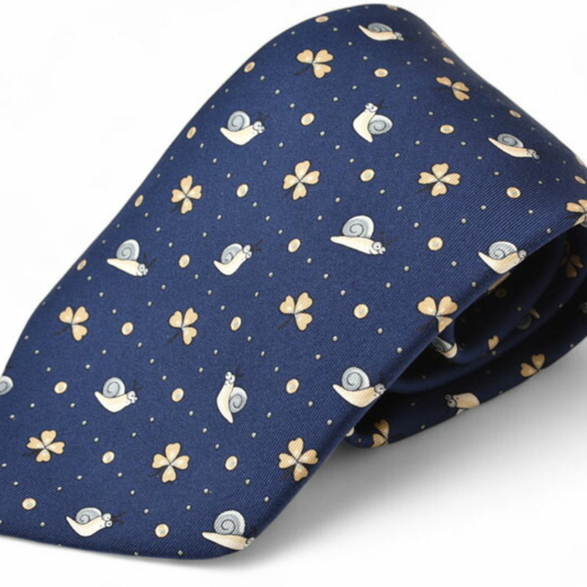 Hermes tie, HERMES, unused, silk twill blue, snail, four-leaf clover