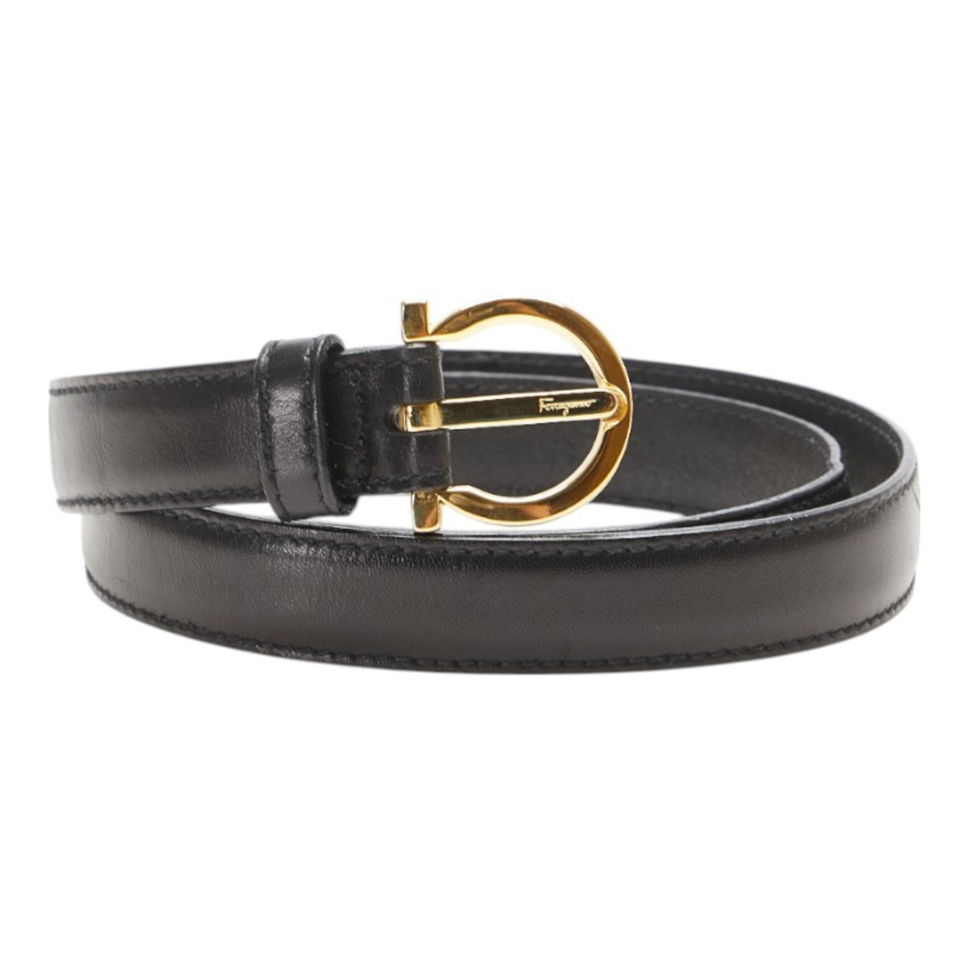 Salvatore Ferragamo Gancini Belt, Size 70, Black Leather with Gold Hardware, Women’s